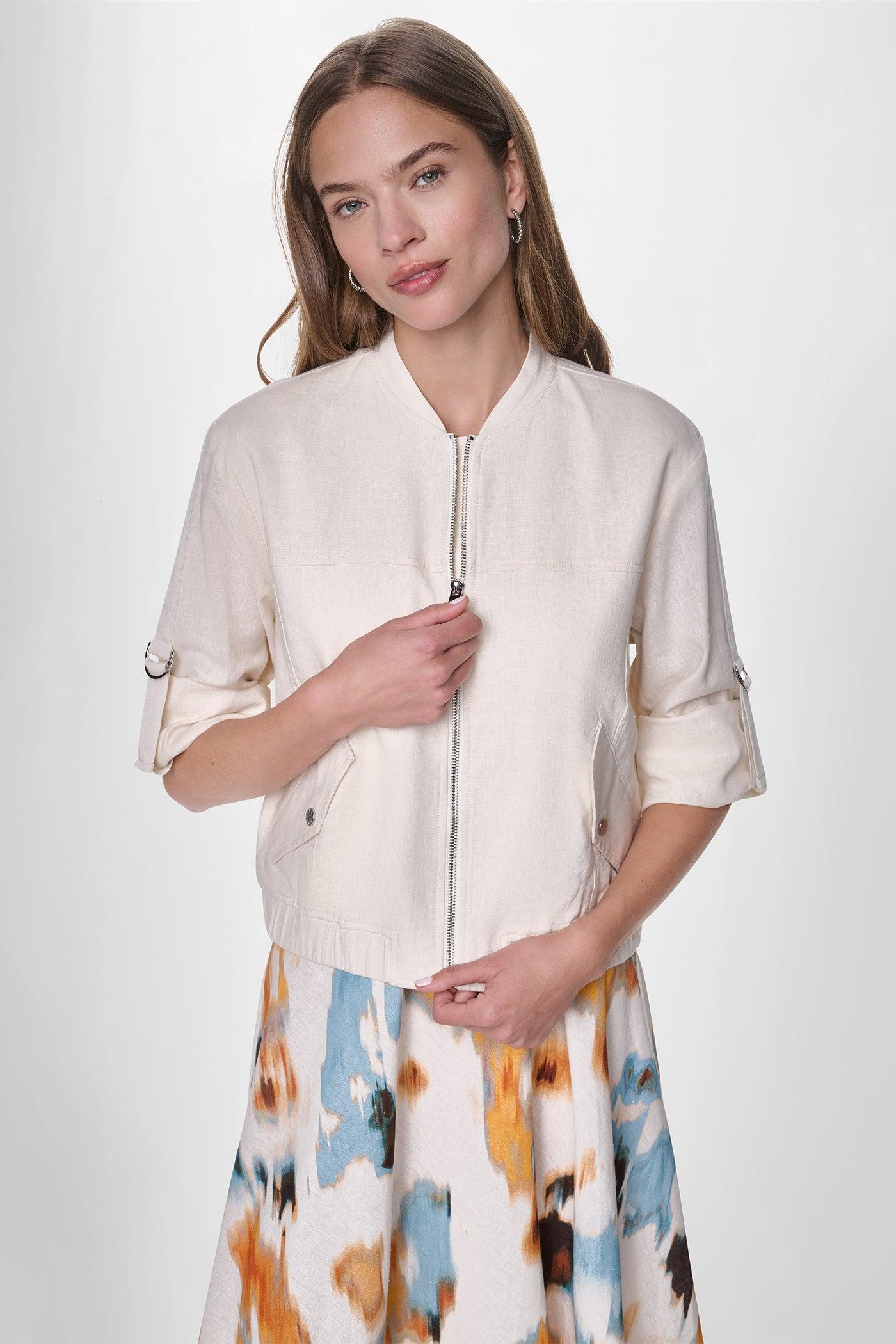 LINEN-BLEND ROLL-TAB SLEEVE BOMBER JACKET Product Image