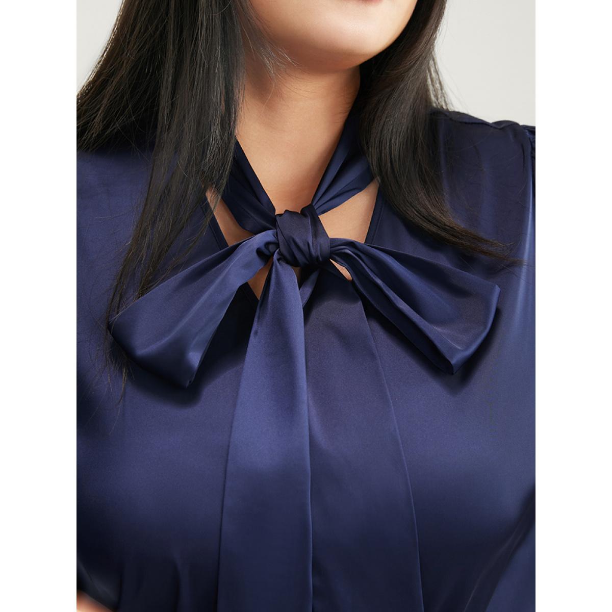 Plus Size Indigo Solid Knotted V Neck Satin Blouse Women Office Long Sleeve Tie Neck Office Blouses BloomChic 12/L Product Image