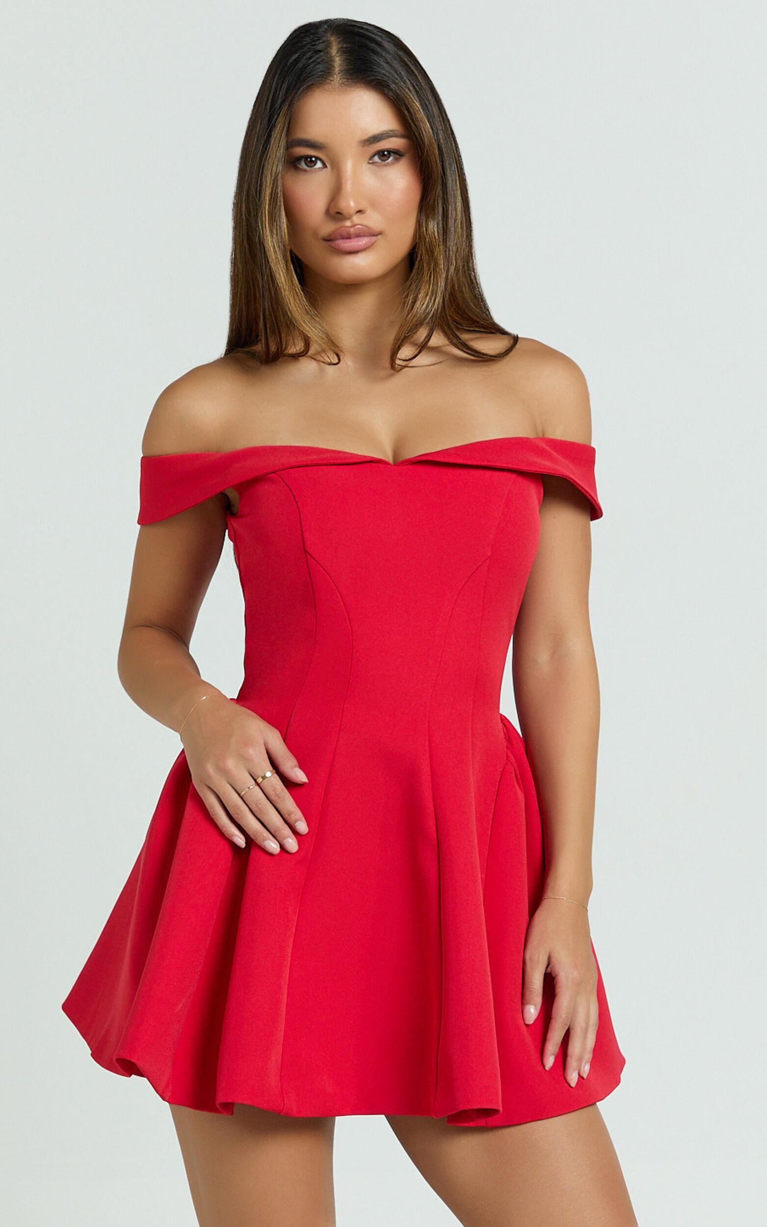 Rosabel Mini Dress - Off Shoulder Fit And Flare Dress in Red Product Image