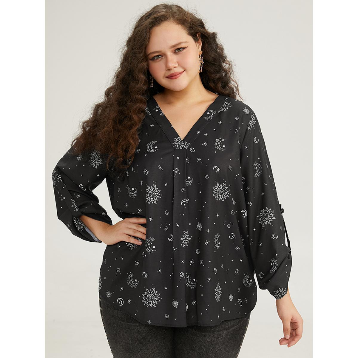 Plus Size Black Halloween Moon & Star Print Pleated Tab Sleeve Blouse Women Elegant Elbow-length sleeve V-neck Festival-Halloween Blouses BloomChic 26/4X Product Image