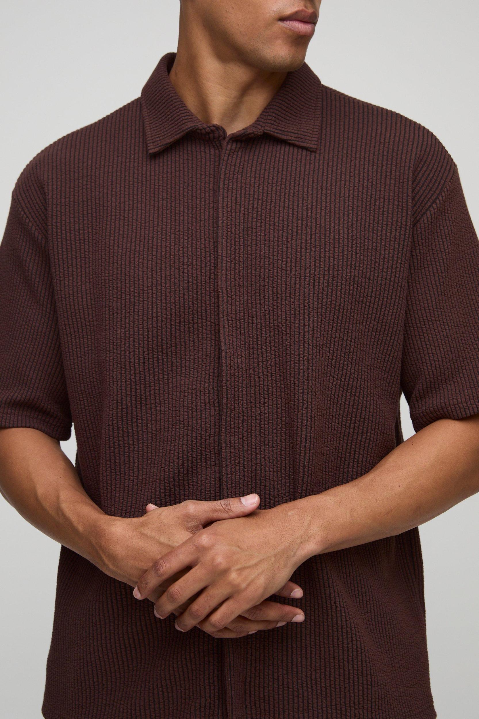 Oversized Two-Tone Ribbed Jersey Concealed Placket Shirt & Relaxed Short | boohooMAN USA Product Image