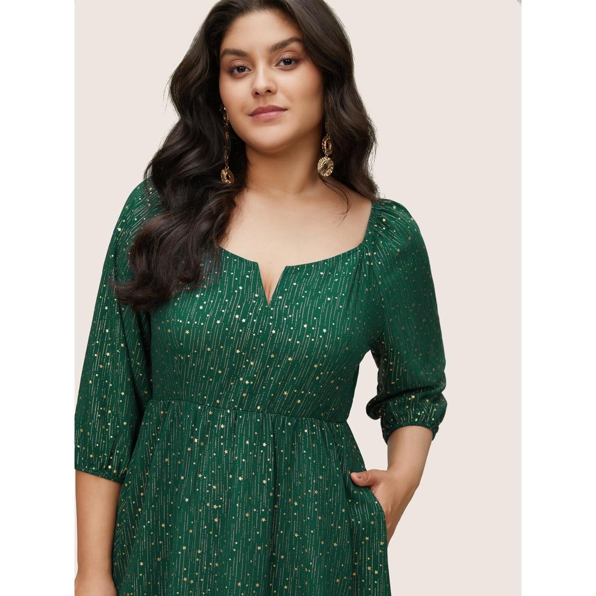 Plus Size Geometric Glitter Notched Lantern Sleeve Dress DarkGreen Women Cocktail Elastic cuffs Notched collar Elbow-length sleeve Curvy Midi Dress BloomChic 28/5X Product Image