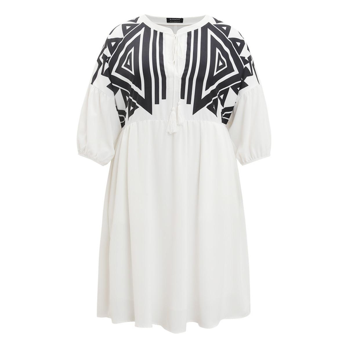 Plus Size Geometric Print Notched Ties Tassels Elastic Cuffs Dress White Women Vacation Elastic cuffs Notched collar Elbow-length sleeve Curvy Midi Dress BloomChic 30/6X Product Image