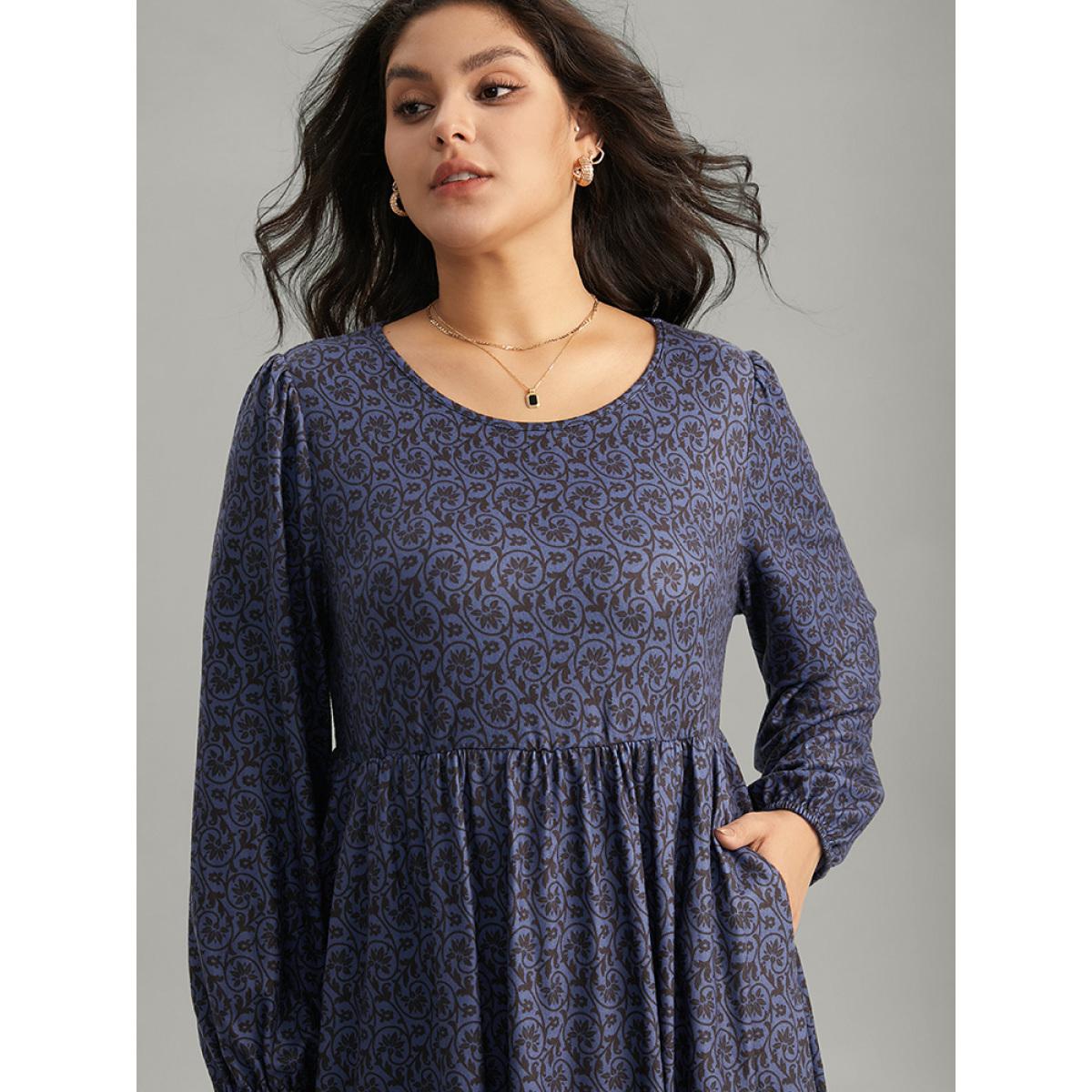 Plus Size Geometric Elastic Waist Pocket Gathered Dress DarkBlue Women Office Elastic cuffs Round Neck Long Sleeve Curvy Midi Dress BloomChic 30/6X Product Image