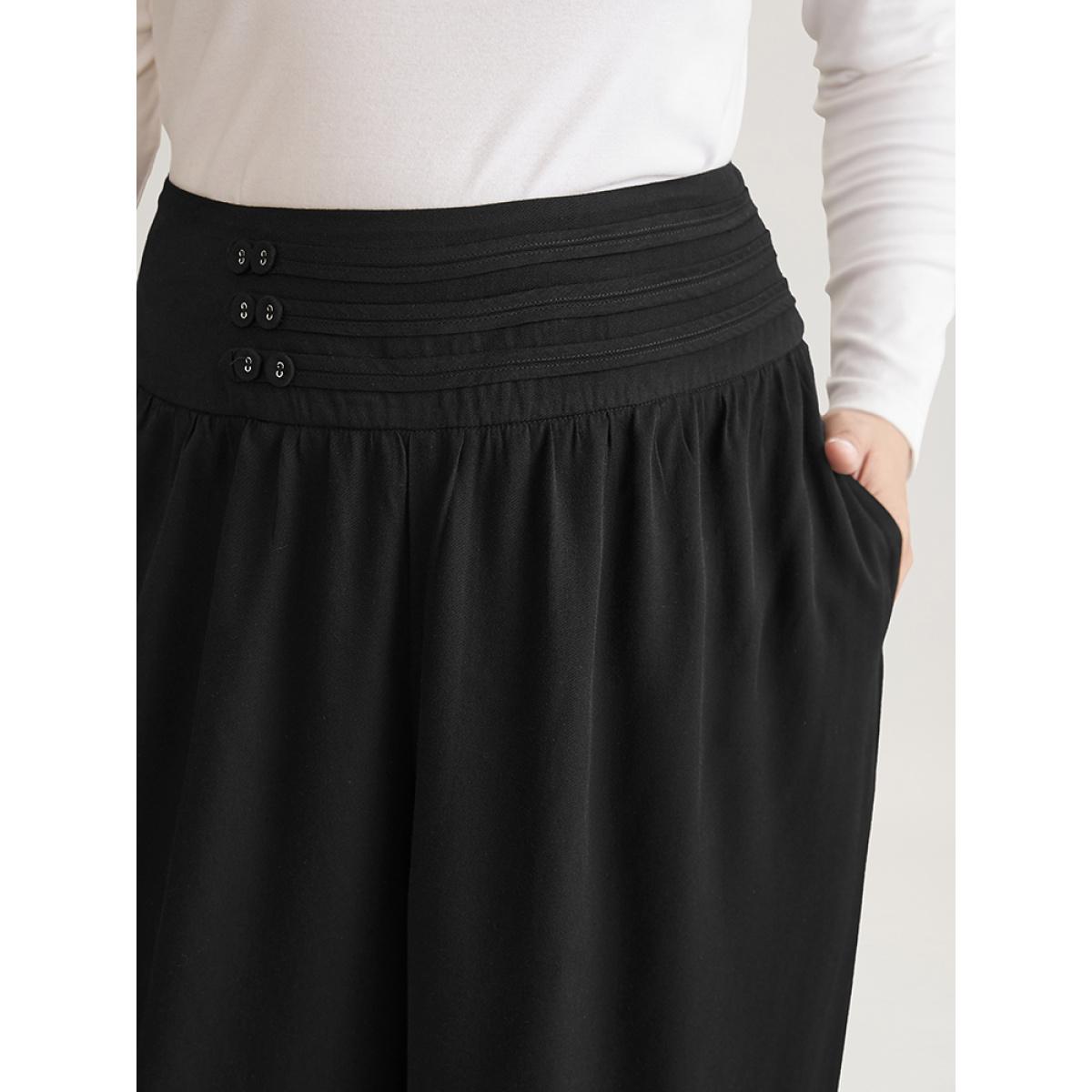 Plus Size Solid Elastic Waist Button Detail Wide Leg Pants Women Black Casual Wide Leg High Rise Dailywear Pants BloomChic 12/L Product Image