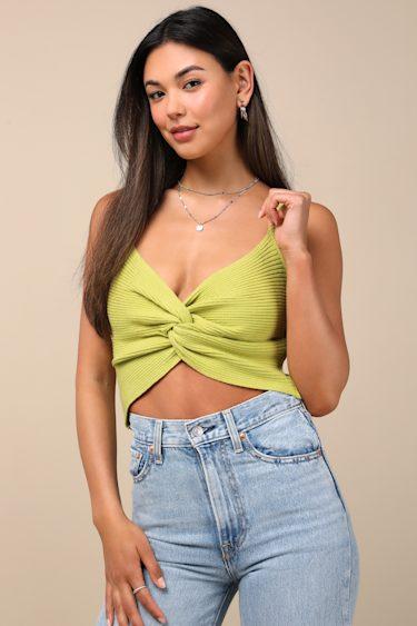 Melika Lime Green Ribbed Knotted Crop Tank Top Product Image