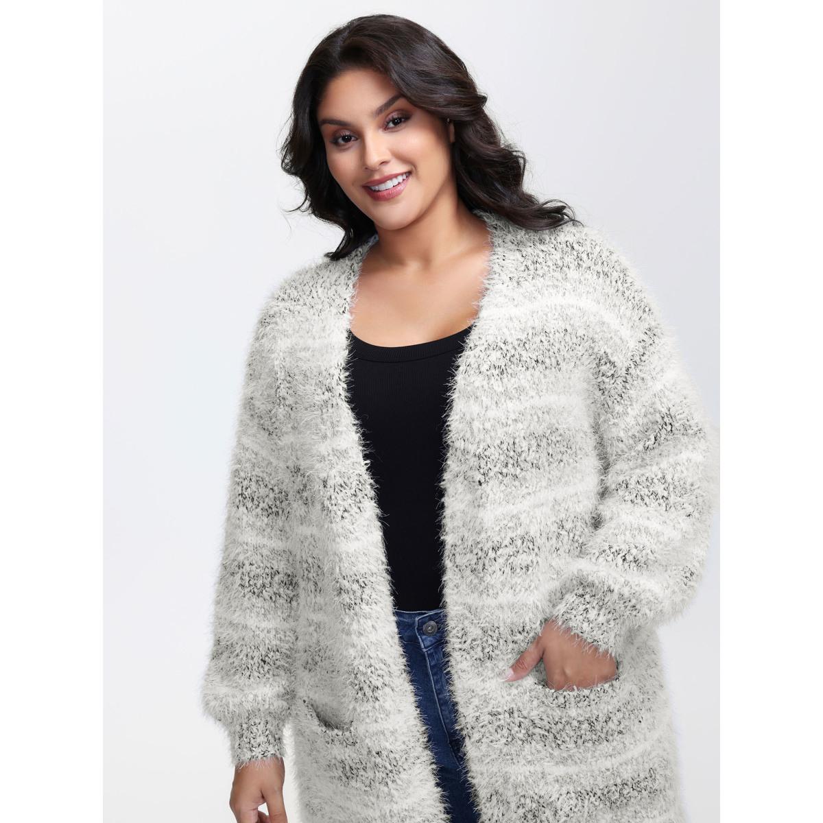 Plus Size Plush Textured Striped Knit Cardigan LightGray Women Playful Loose Long Sleeve Casual Cardigans BloomChic 22-24/3X Product Image