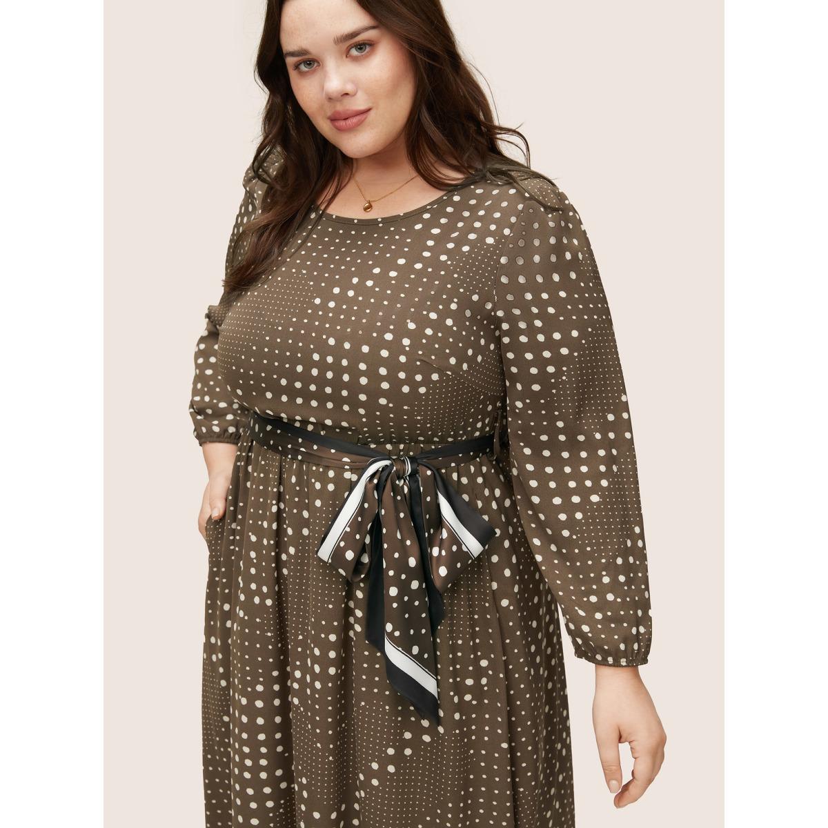 Plus Size Polka Dot Scarf Belted Keyhole Lantern Sleeve Dress DarkBrown Women At the Office Non Round Neck Long Sleeve Curvy Midi Dress BloomChic 28/5X Product Image