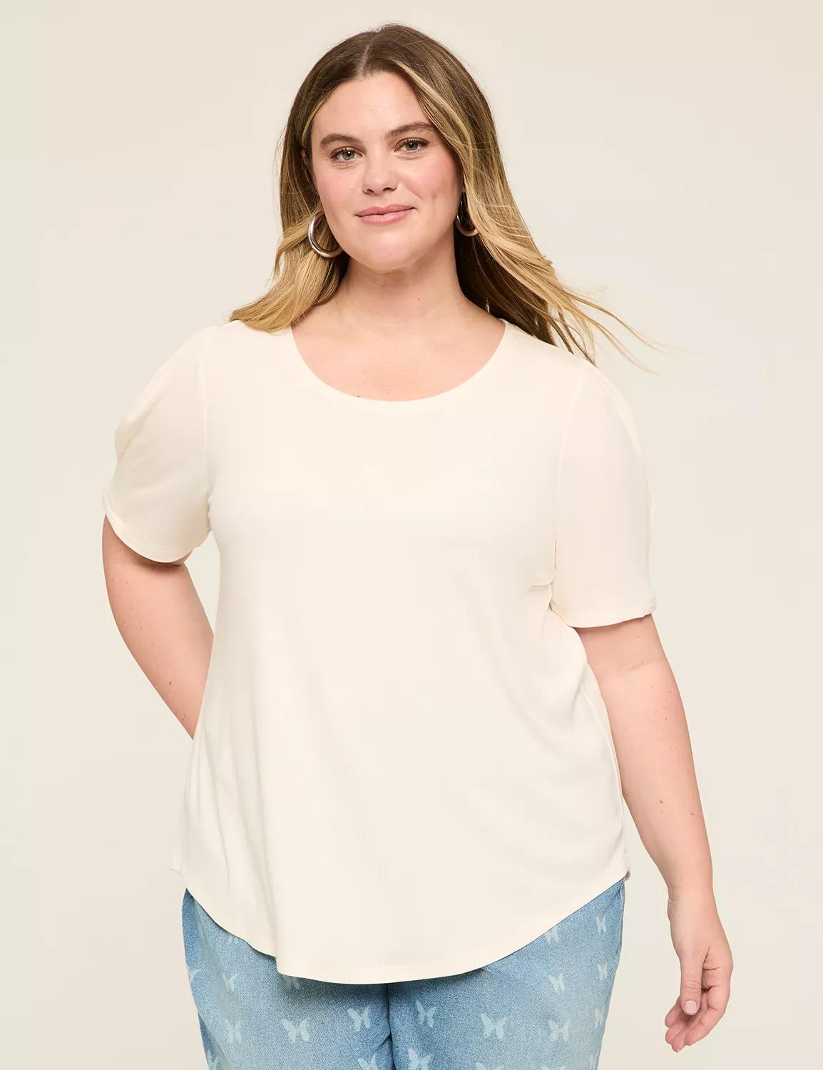Curved-Hem Pleat-Sleeve Rib Tee Product Image