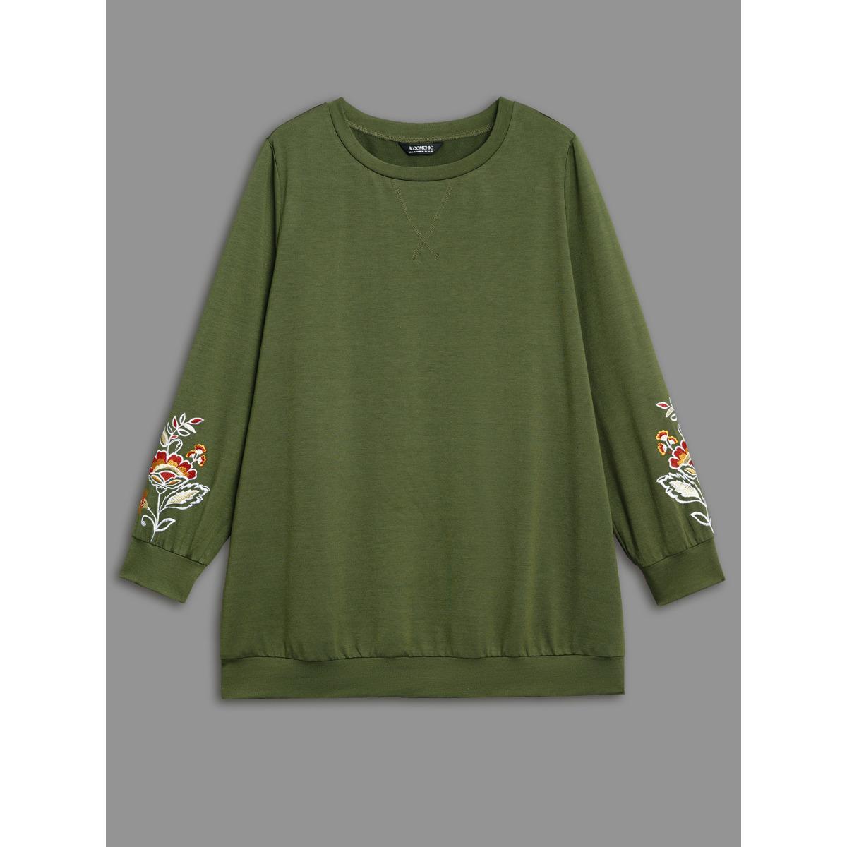Plus Size Crew Neck Floral Embroidered Sweatshirt Women ArmyGreen Casual Embroidered Loose Round Neck Everyday Sweatshirts BloomChic 12/L Product Image
