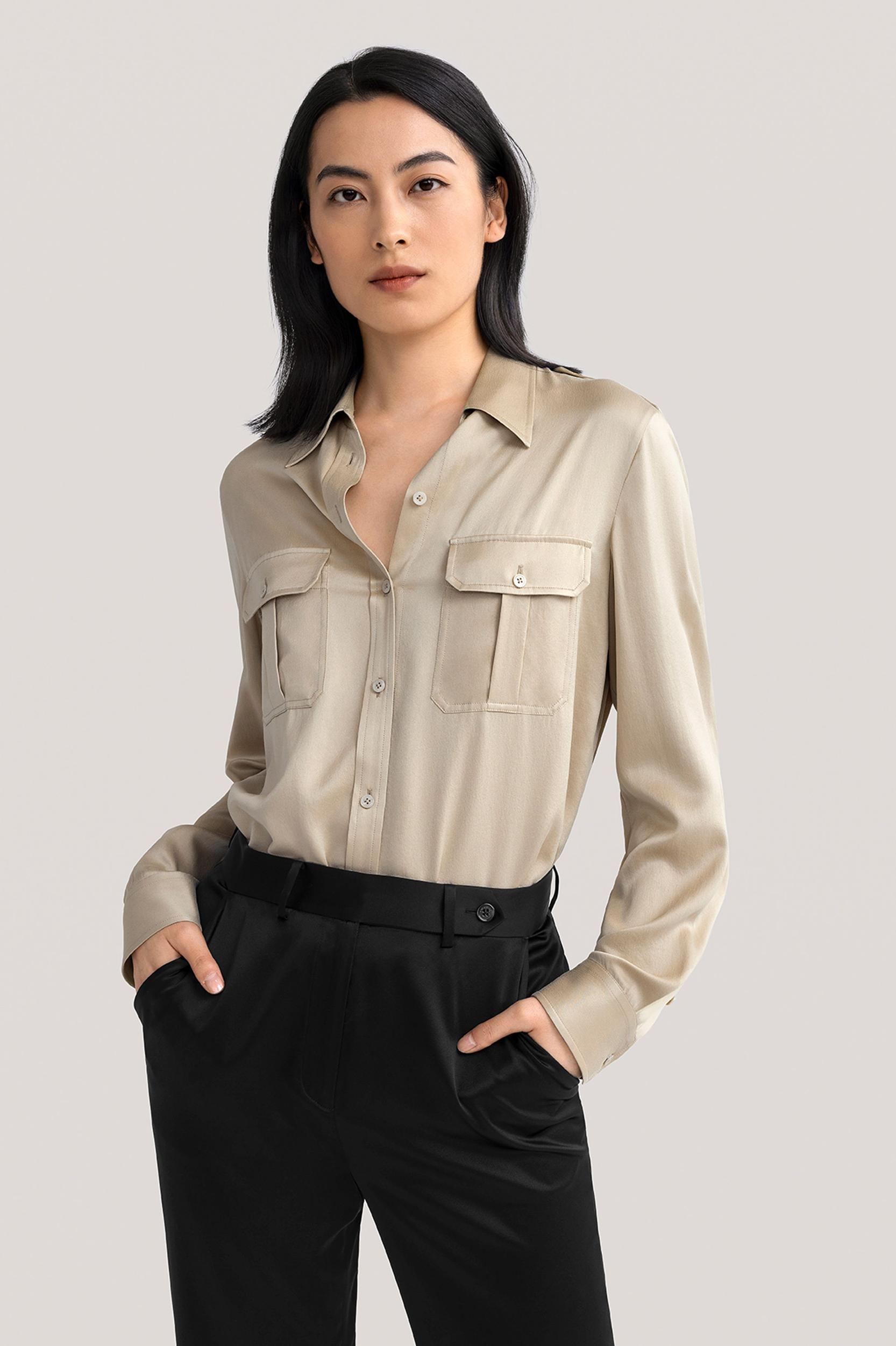 LILYSILK Women's 22MM Sandwashed Silk Safari Shirt With Epaulets Safari Green XXL Product Image