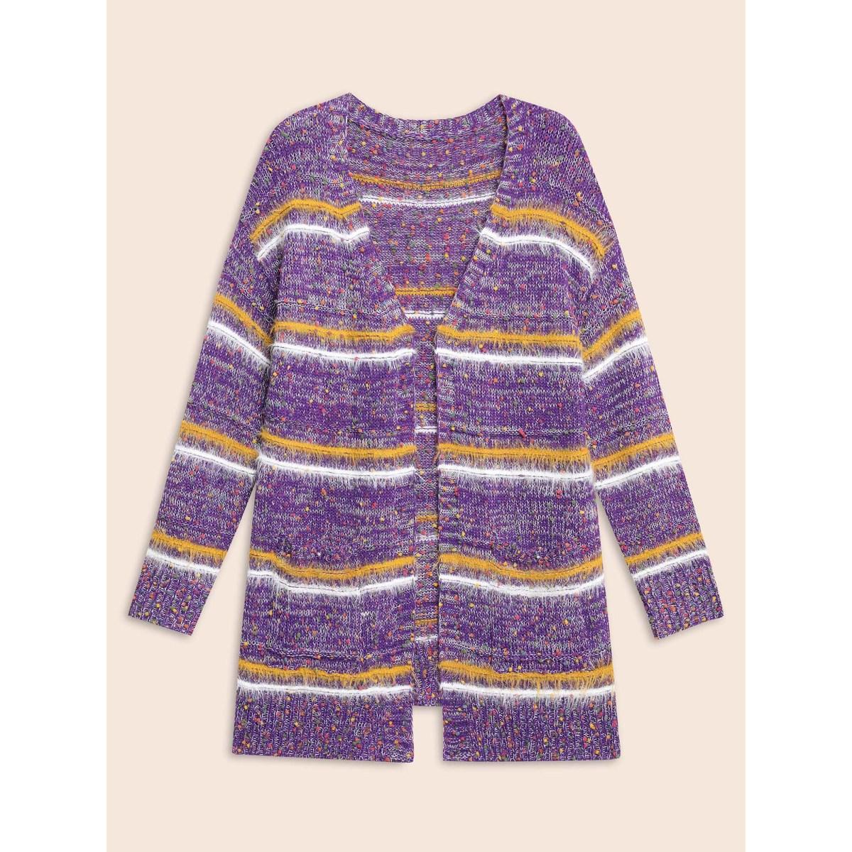 Plus Size Striped Contrast Texture Fluffy Cardigan Deeppurplered Women Casual Loose Long Sleeve Everyday Cardigans BloomChic 22-24/3X Product Image