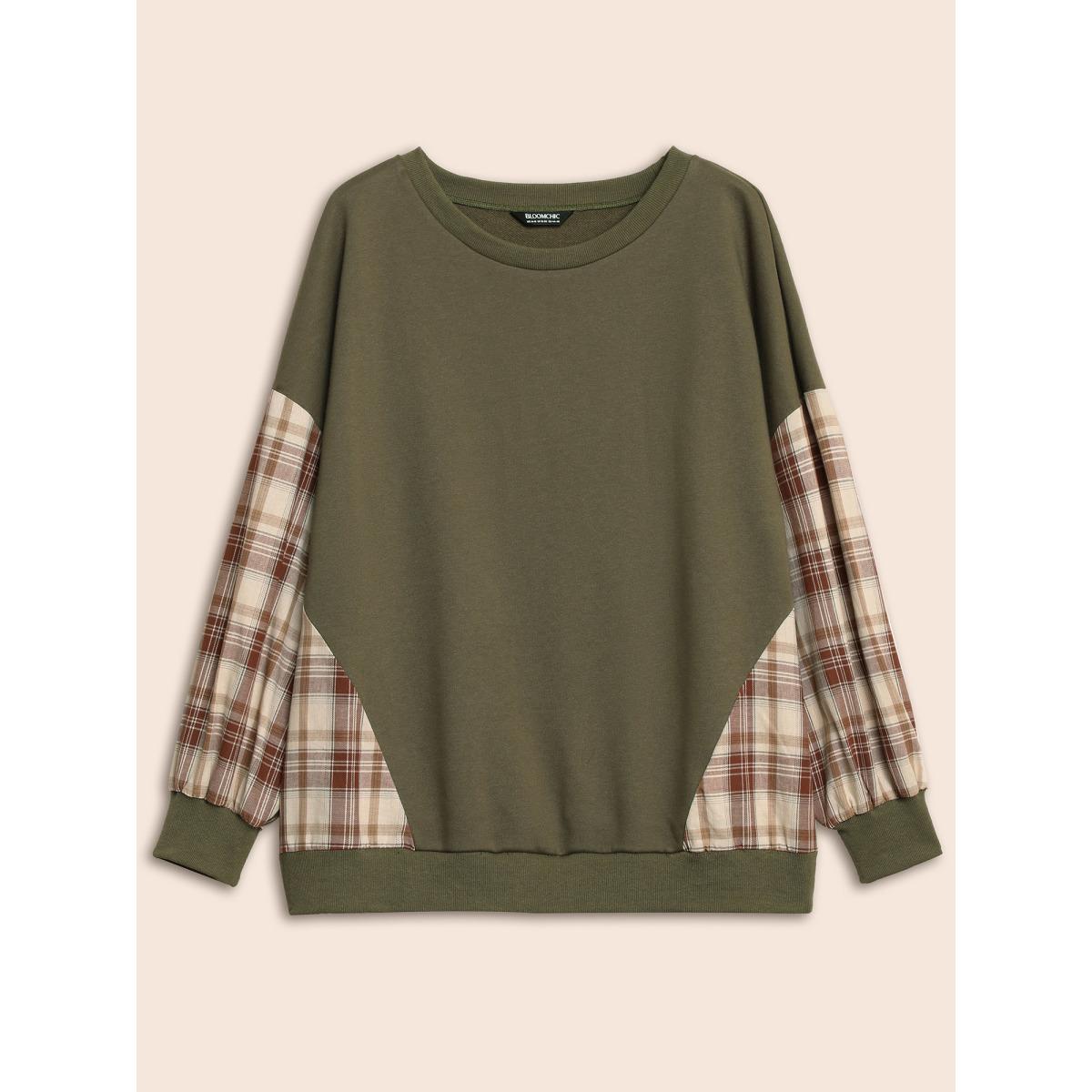 Plus Size Round Neck Gingham Patchwork Sweatshirt Women Sage Elegant Contrast Round Neck Everyday Sweatshirts BloomChic 10/M Product Image