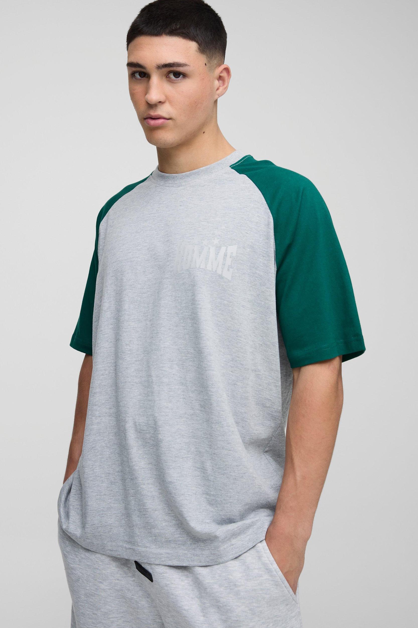 Oversized Raglan Sleeve Colour Block Graphic T-Shirt | boohooMAN USA Product Image