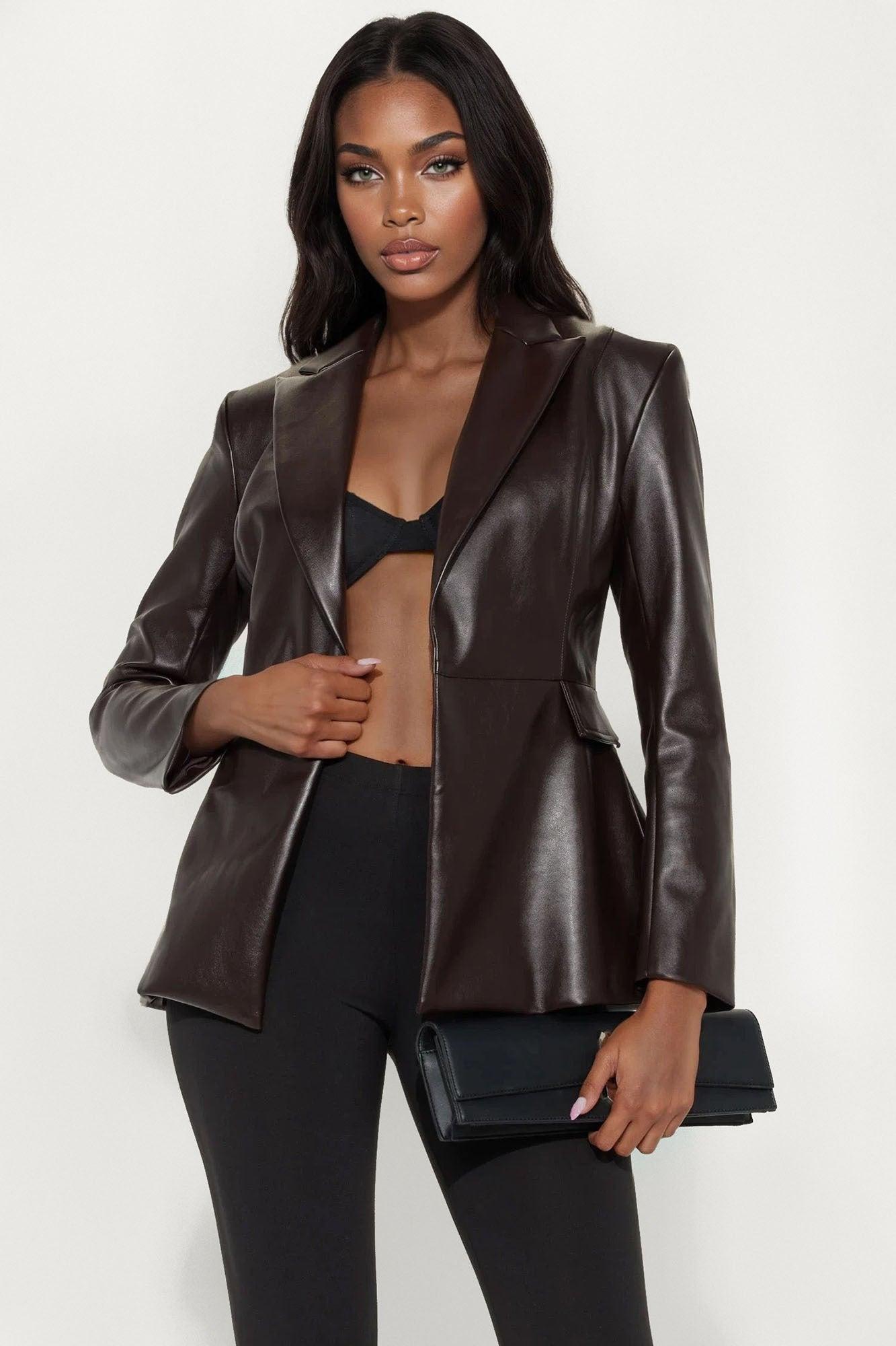 Myra Faux Leather Hourglass Blazer - Chocolate Female Product Image