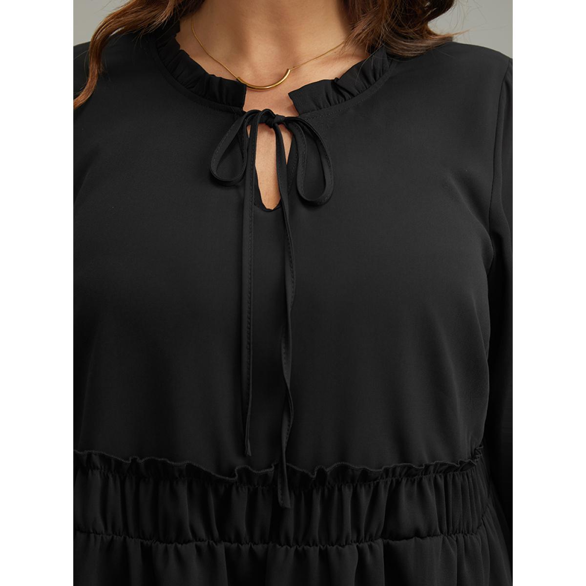 Plus Size Black Anti-Wrinkle Plain Shirred Frill Trim Gathered Tie Neck Blouse Women Casual Long Sleeve Tie Neck Everyday Blouses BloomChic 18-20/2X Product Image