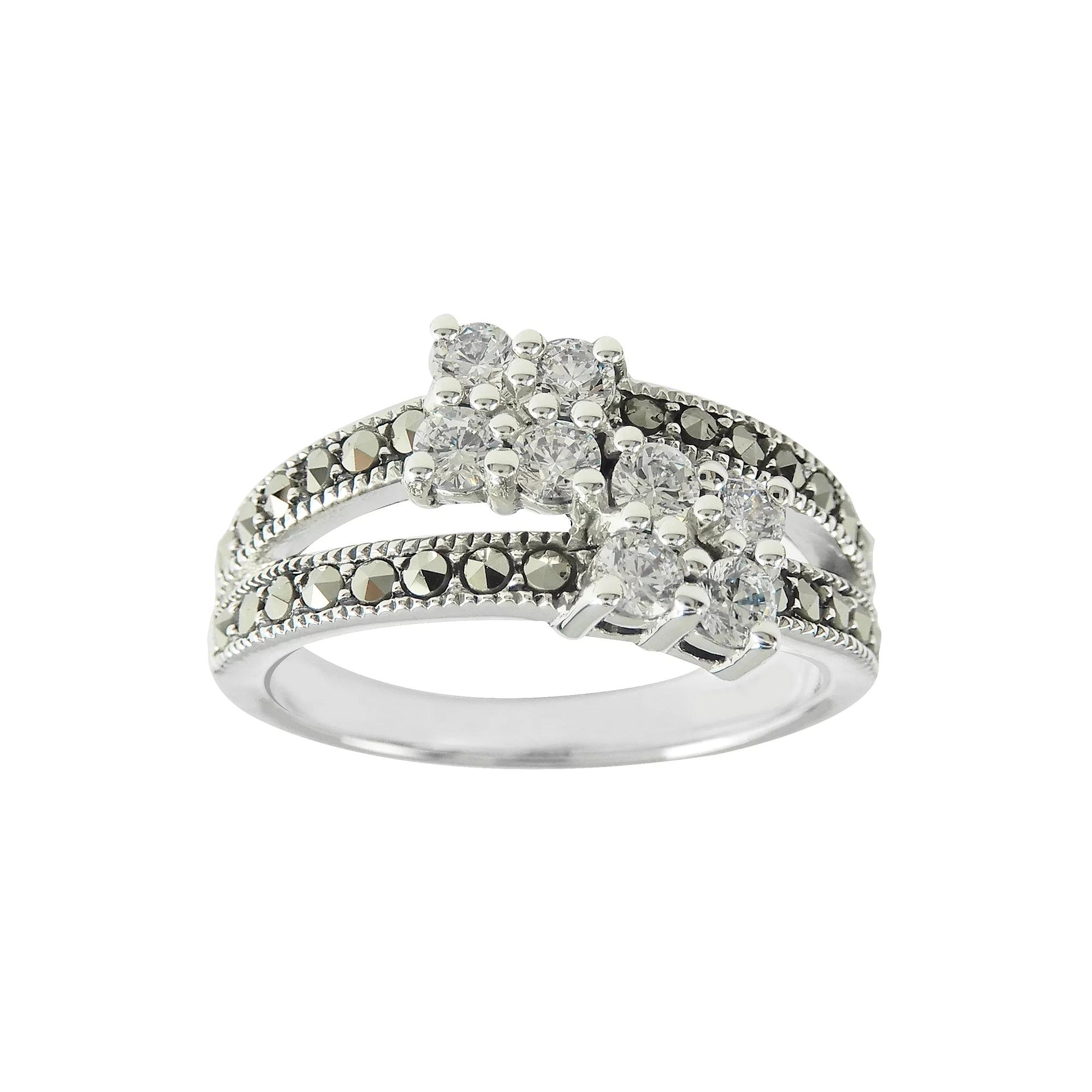 Lavish by TJM Sterling Silver Cubic Zirconia & Marcasite Cluster Split Band Right Hand Ring, Women's, Size: 8 Product Image