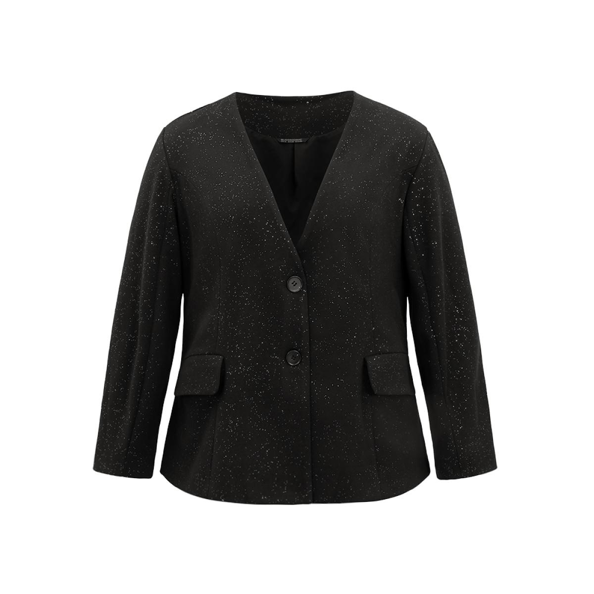 Plus Size Glitter Flap Pocket Button Down Blazer Black Women Dailywear Plain Lined Sleeve Long Sleeve Suit Collar 10/M Pocket Casual Blazers BloomChic Product Image