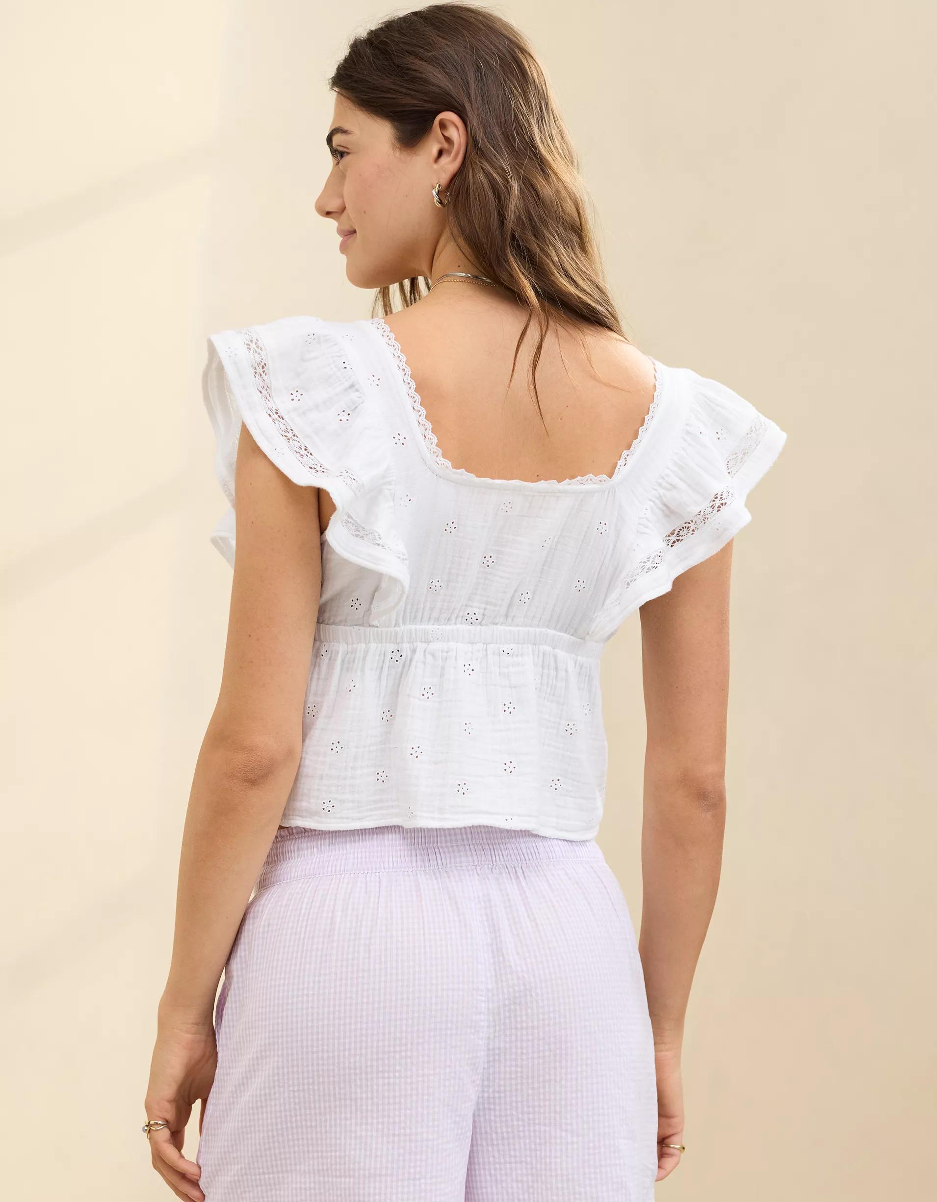 Aerie Button Front Ruffle Sleeve Top Product Image