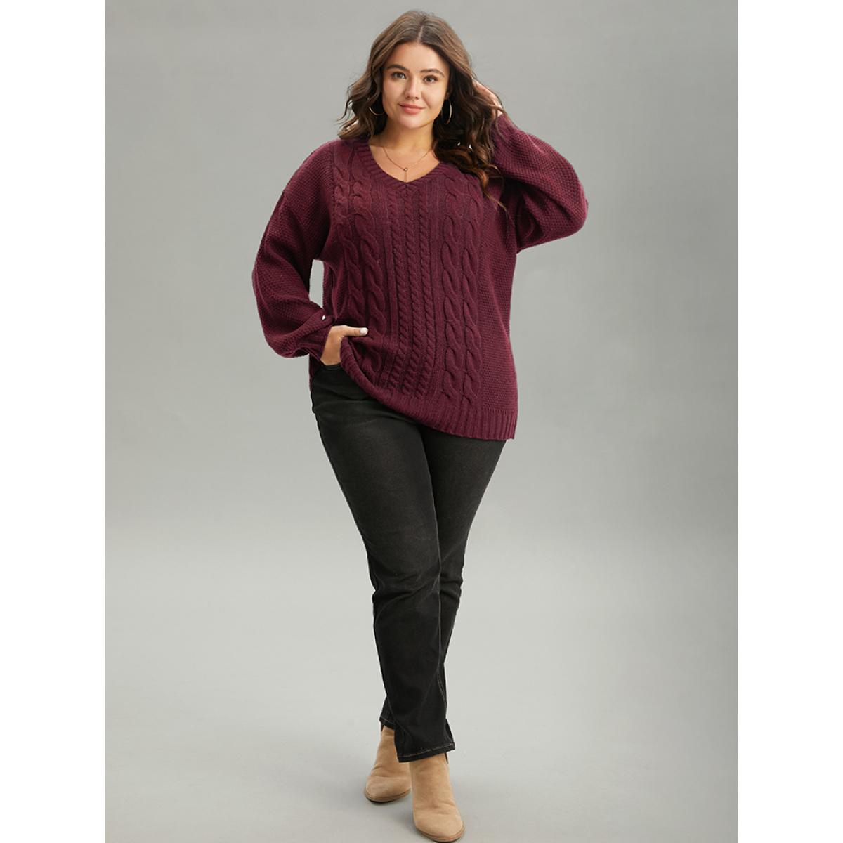 Plus Size Solid Cable Knit V Neck Elastic Cuffs Pullover Burgundy Women Casual Loose Long Sleeve V-neck Everyday Pullovers BloomChic 12/L Product Image