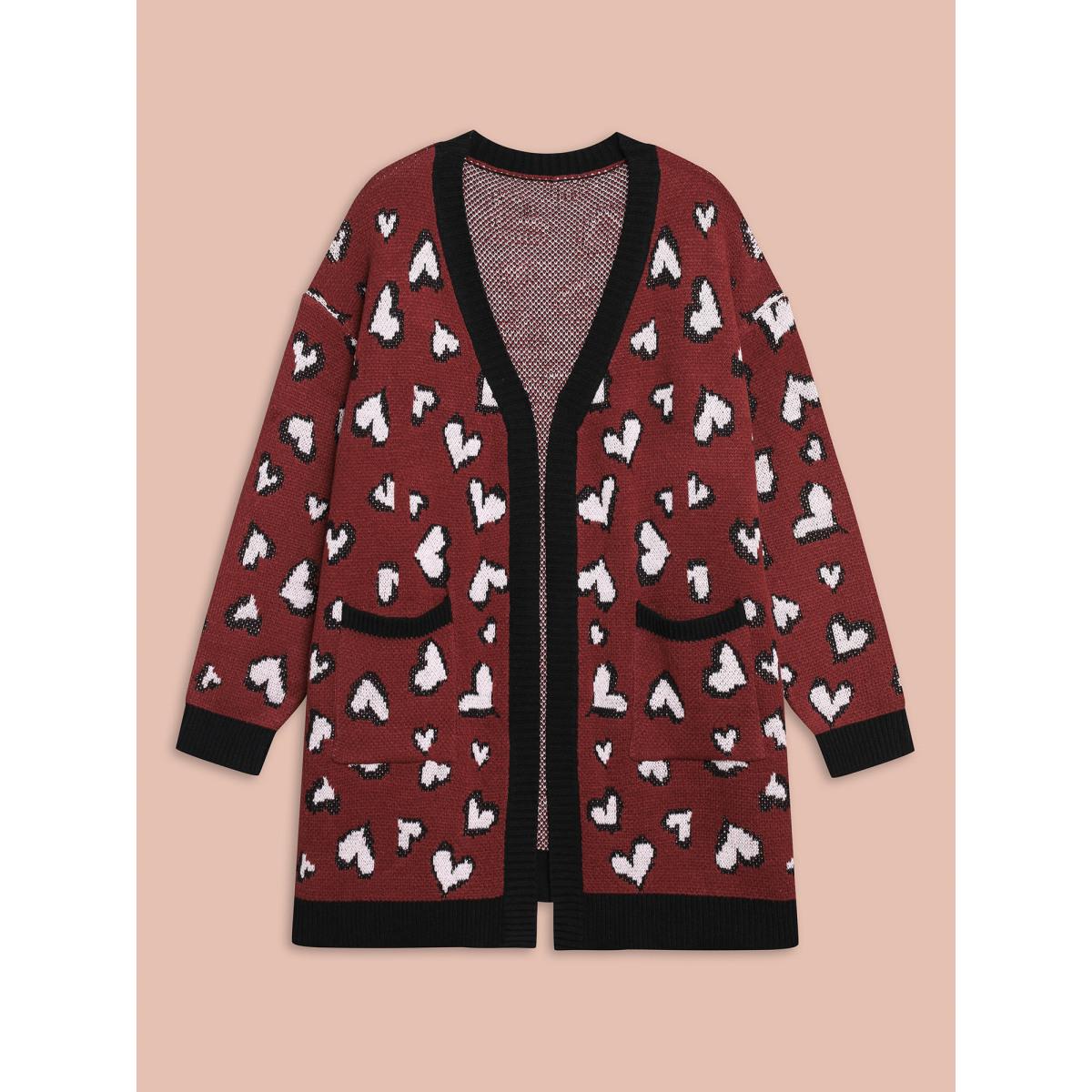 Plus Size Hearts All Over Open Front Contrast Cardigan Deepred Women Leisure Loose Long Sleeve Casual Cardigans BloomChic 30/6X Product Image