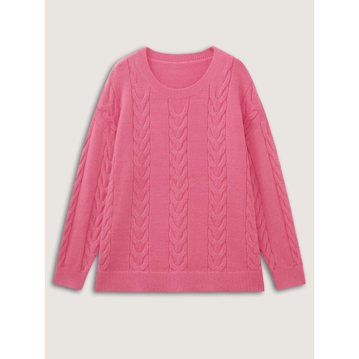 Plus Size Stretch Cableknit Textured Round Neck Pullover Peach Women Playful Loose Long Sleeve Round Neck Casual Pullovers BloomChic 18-20/2X Product Image