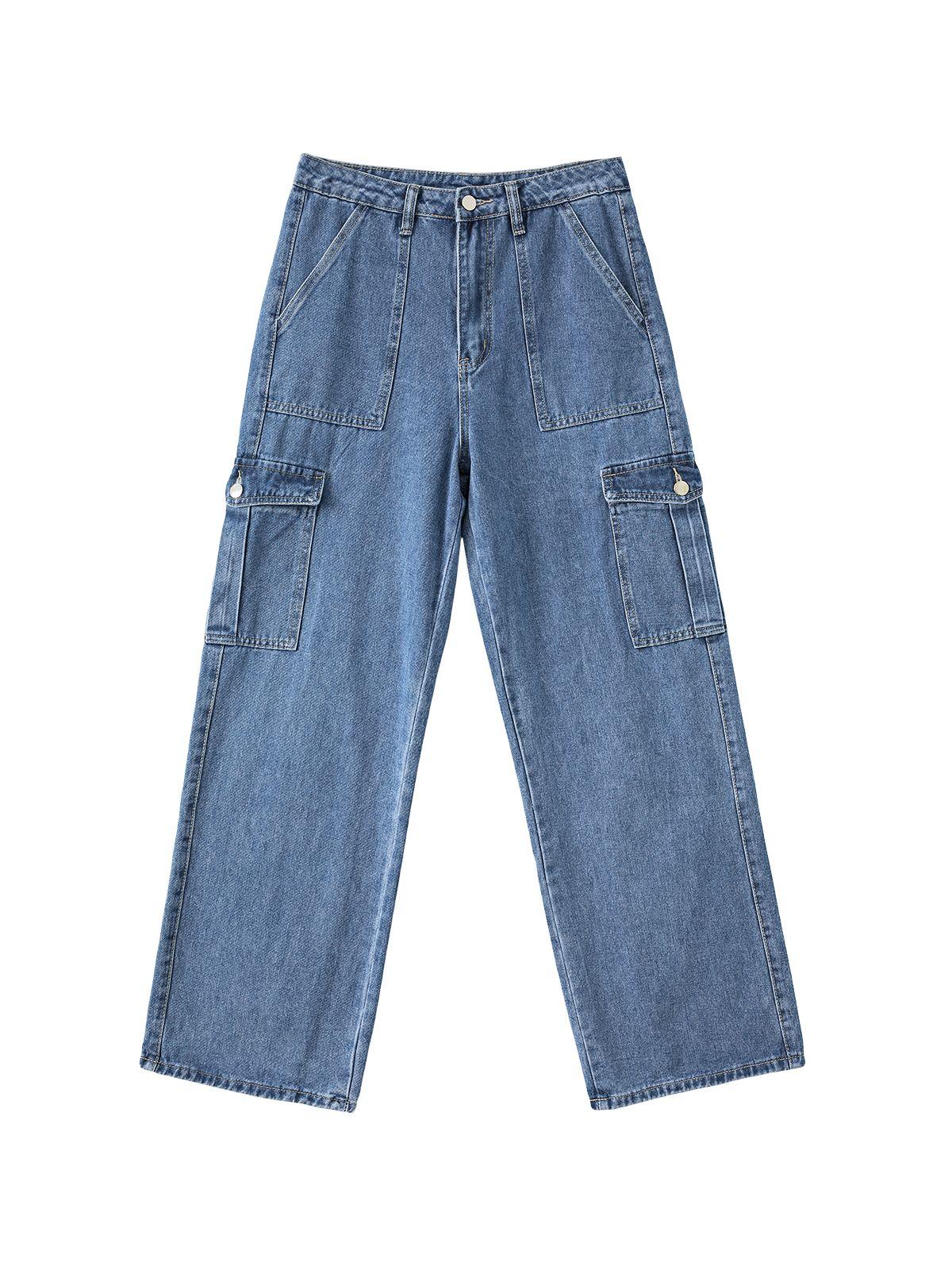 Washed Mid Waist Pocket Cargo Jeans Product Image