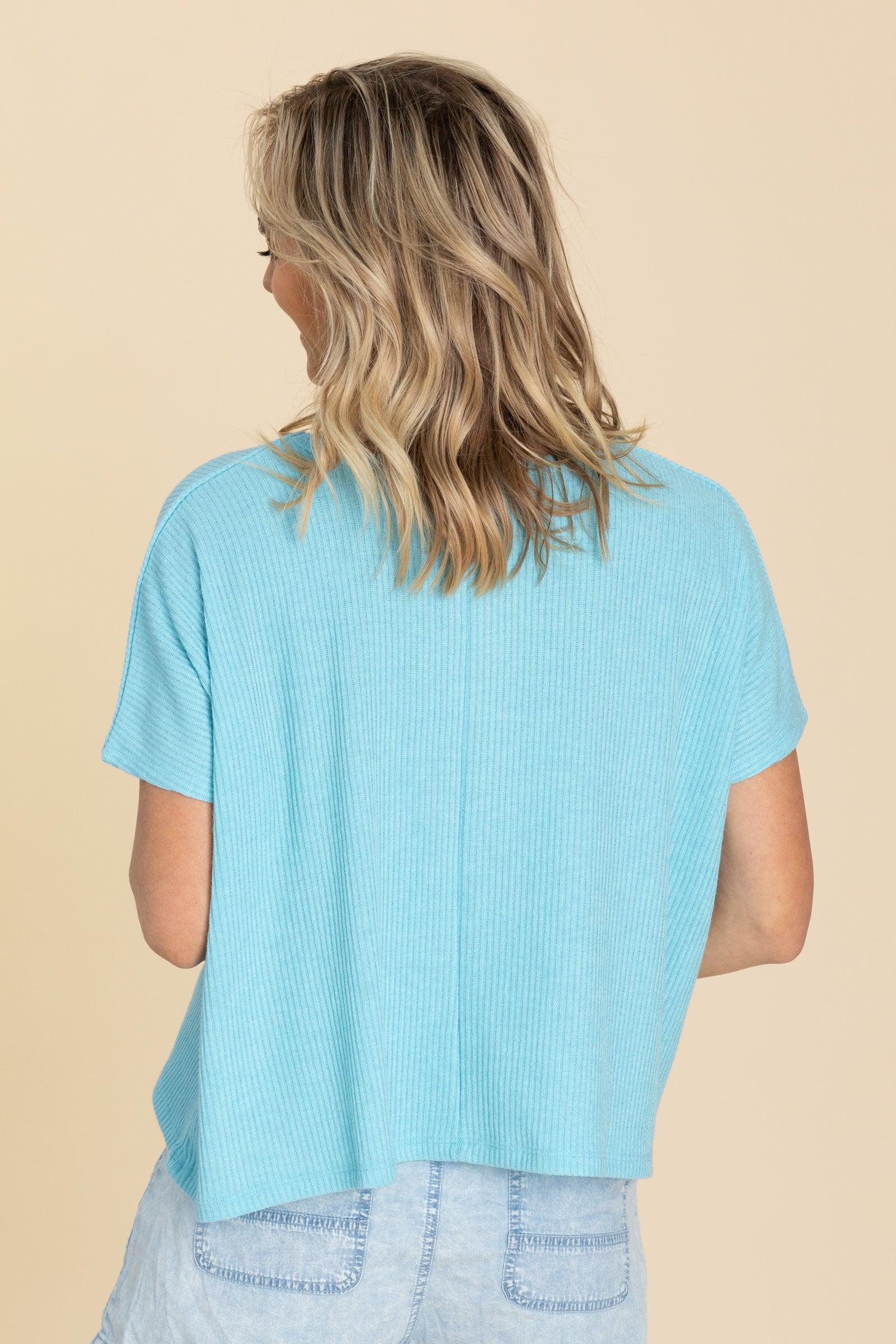 Ribbed Short Sleeve Round Neck Knit Tops Product Image