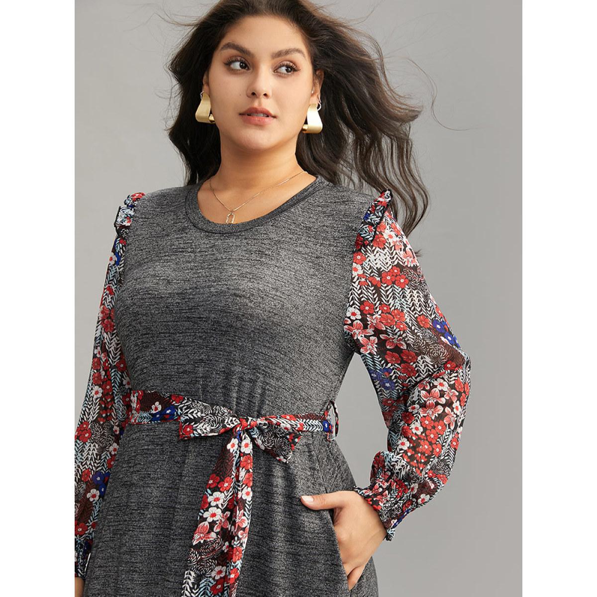 Plus Size Ditsy Floral Patchwork Ruffle Trim Belted Dress DimGray Women Casual Belted Round Neck Long Sleeve Curvy Midi Dress BloomChic 28/5X Product Image
