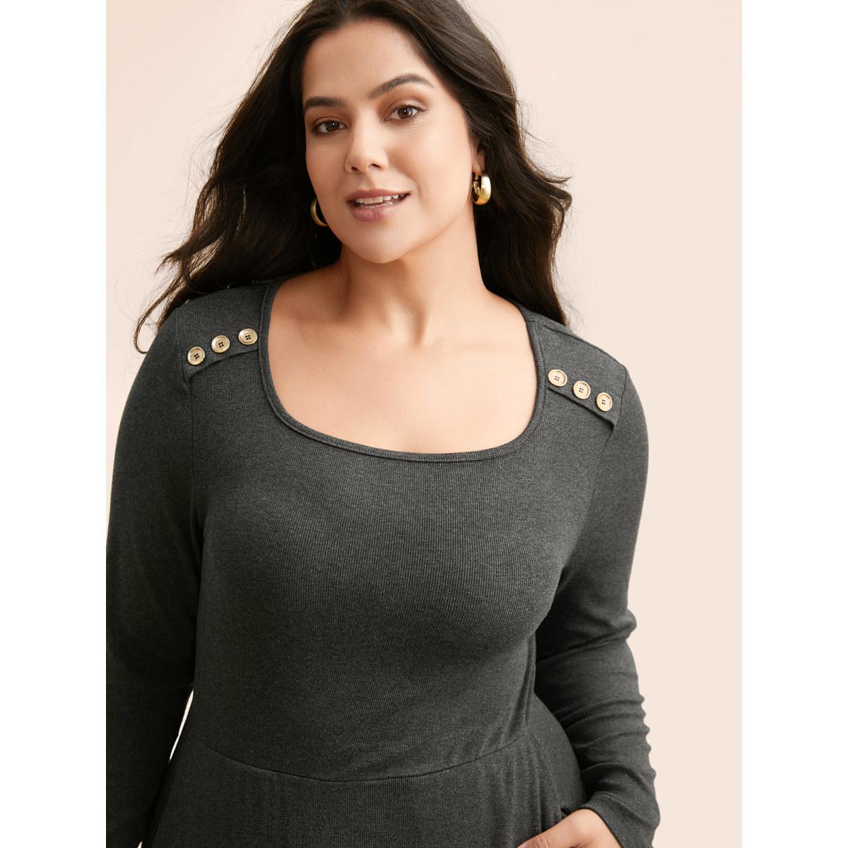 Plus Size Supersoft Essentials Button Shoulder Midi Dress DarkGray Women Casual Texture Square Neck Long Sleeve Curvy BloomChic 14-16/1X Product Image