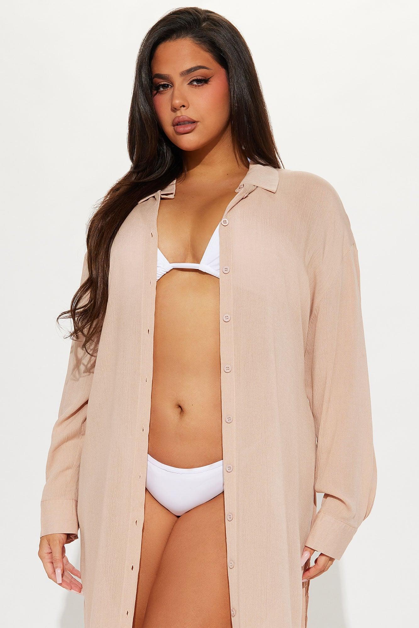 Breezy Nights Linen Swim Cover Up Kimono - Taupe Product Image