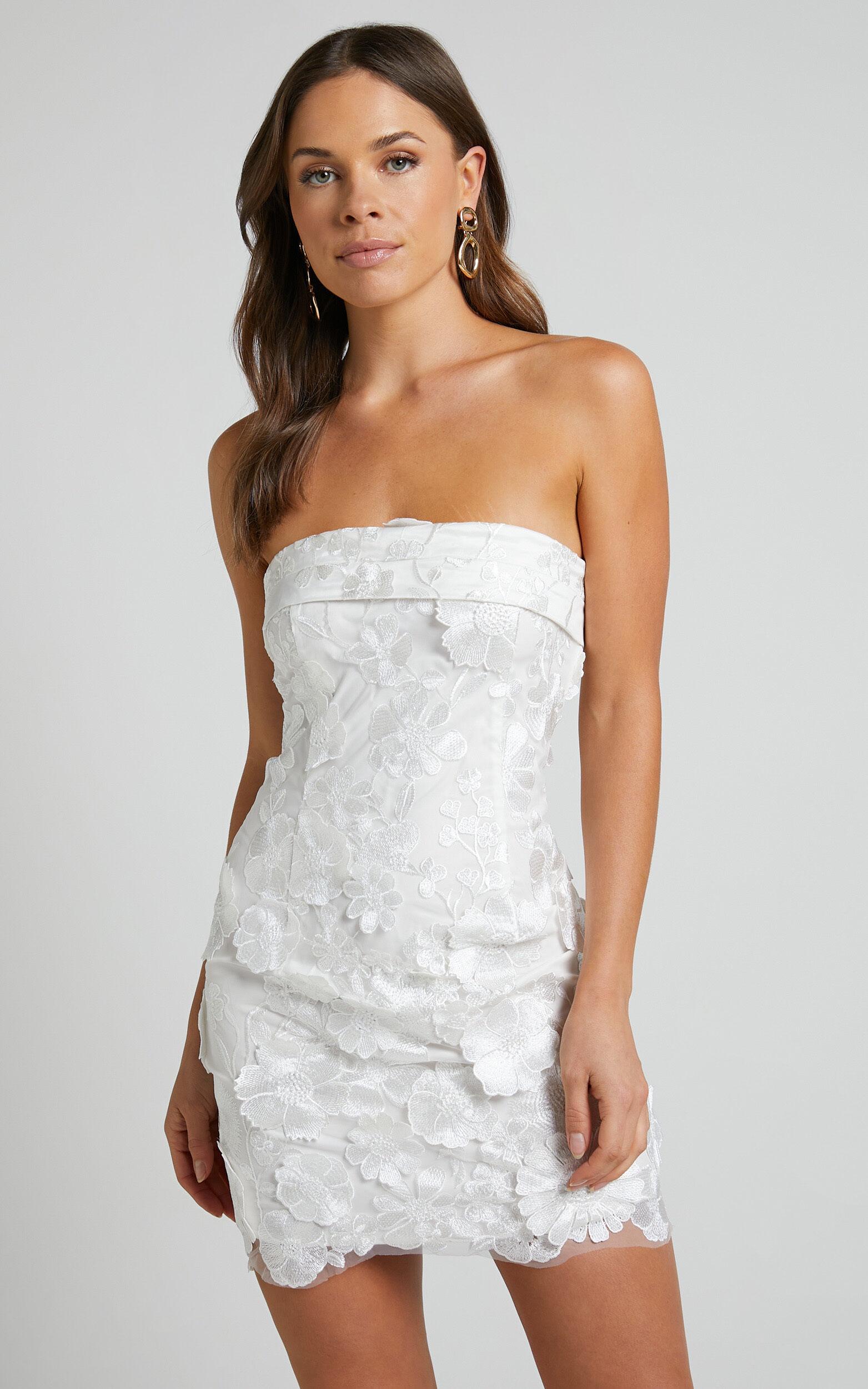 Wren Mini Dress - Strapless Bodycon Garden Flowers Dress in White Product Image