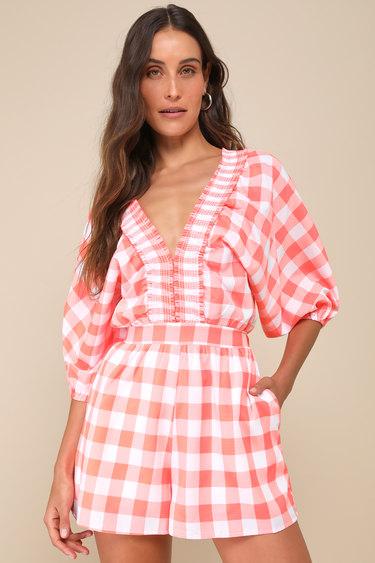 Cutest Viewpoint Neon Orange Gingham Dolman Sleeve V-Neck Romper Product Image