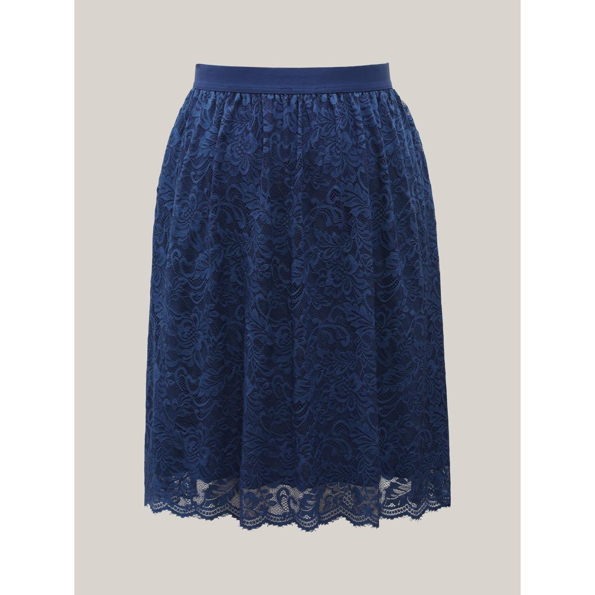 Plus Size Stretchy-Waist Pleated Lace Midi Skirt Women Indigo Elegant Tiered Low stretch Side seam pocket Everyday Skirts BloomChic 30/6X Product Image