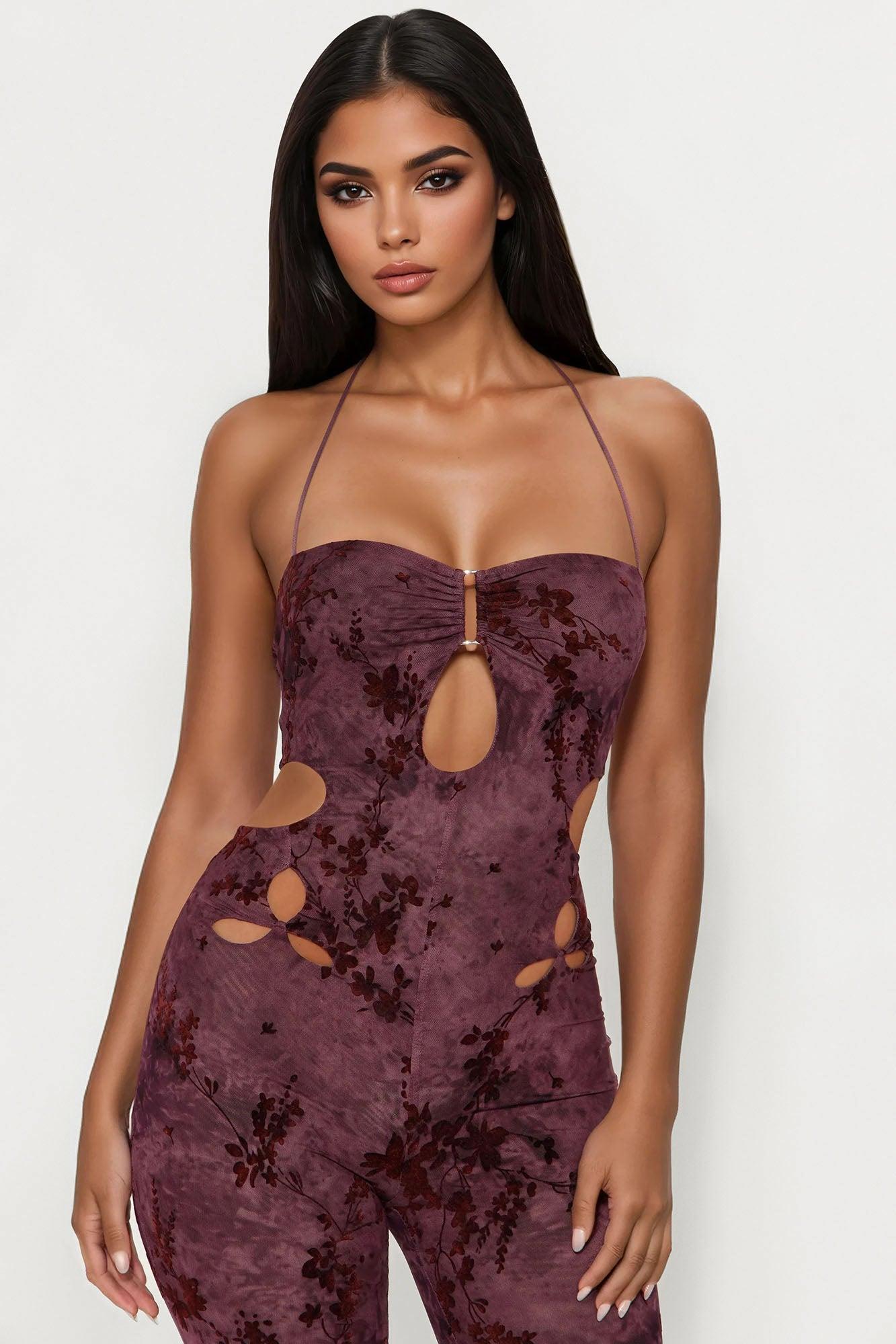 Carmen Mesh Halter Jumpsuit - Purple Female Product Image