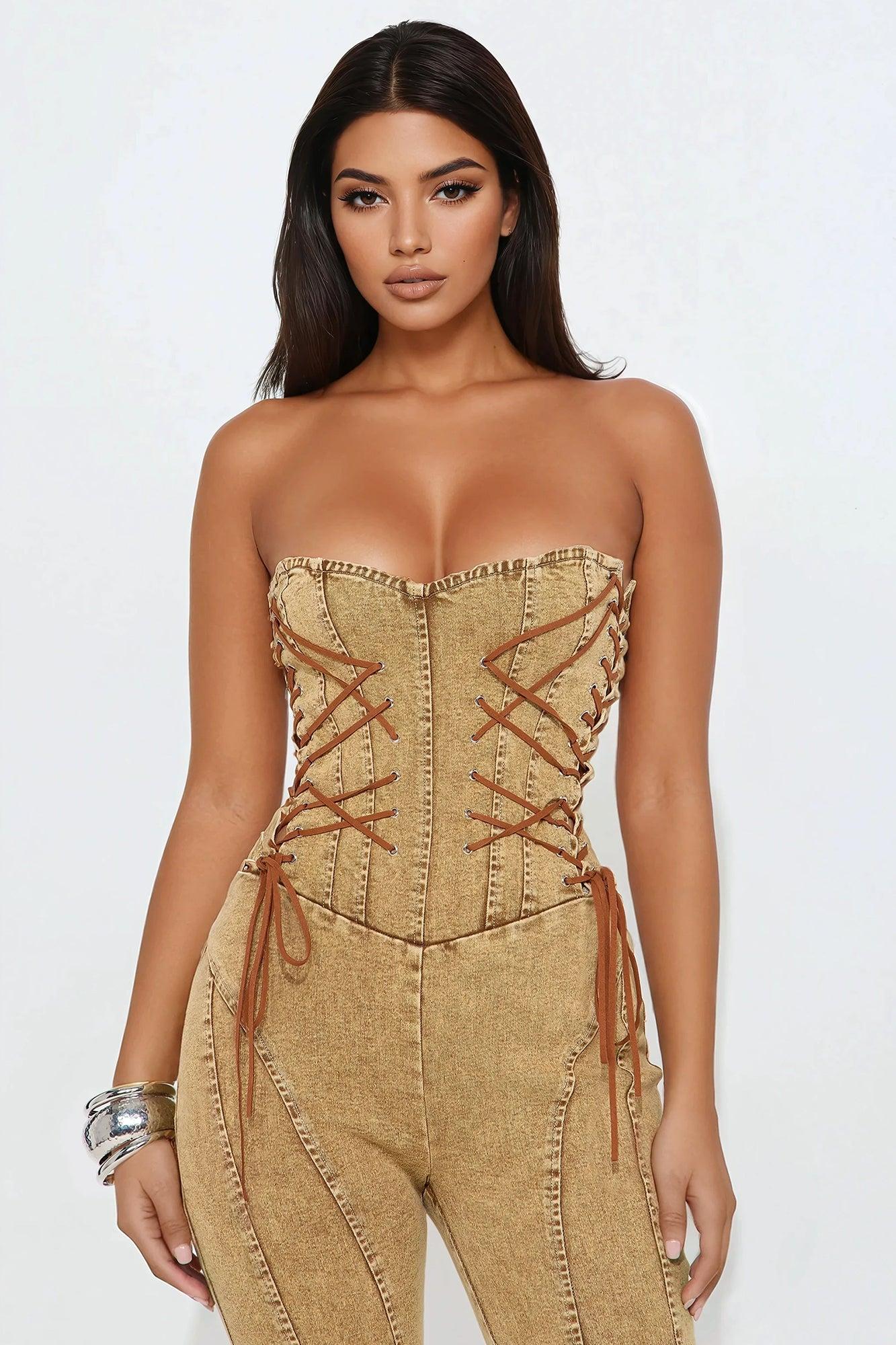 Meet Me In The Desert Denim Jumpsuit - Tan Product Image