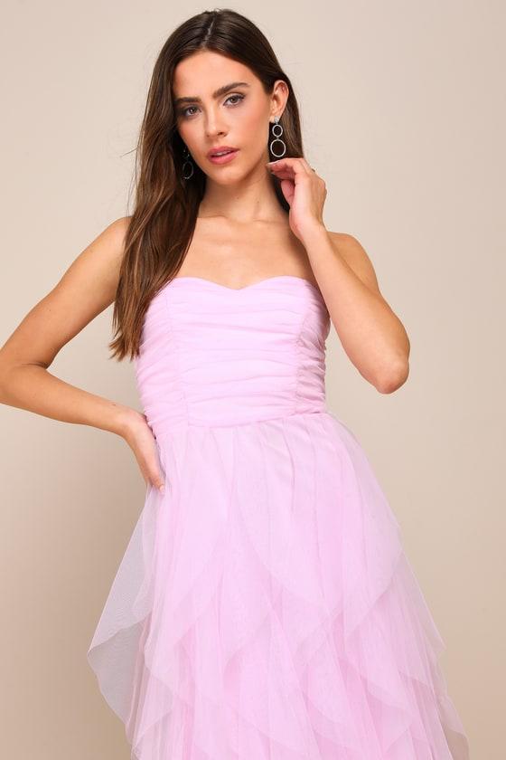 Delightful Beauty Pink Mesh Strapless Ruched Ruffled Maxi Dress Product Image