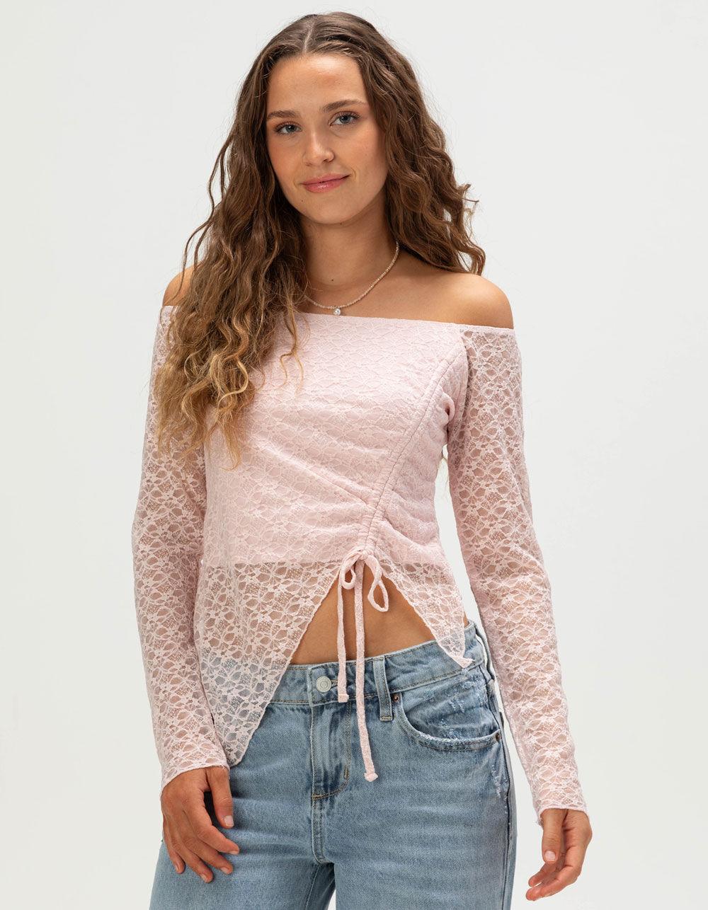 FULL TILT Womens Long Sleeve Lace Cinch Top - PINK Product Image