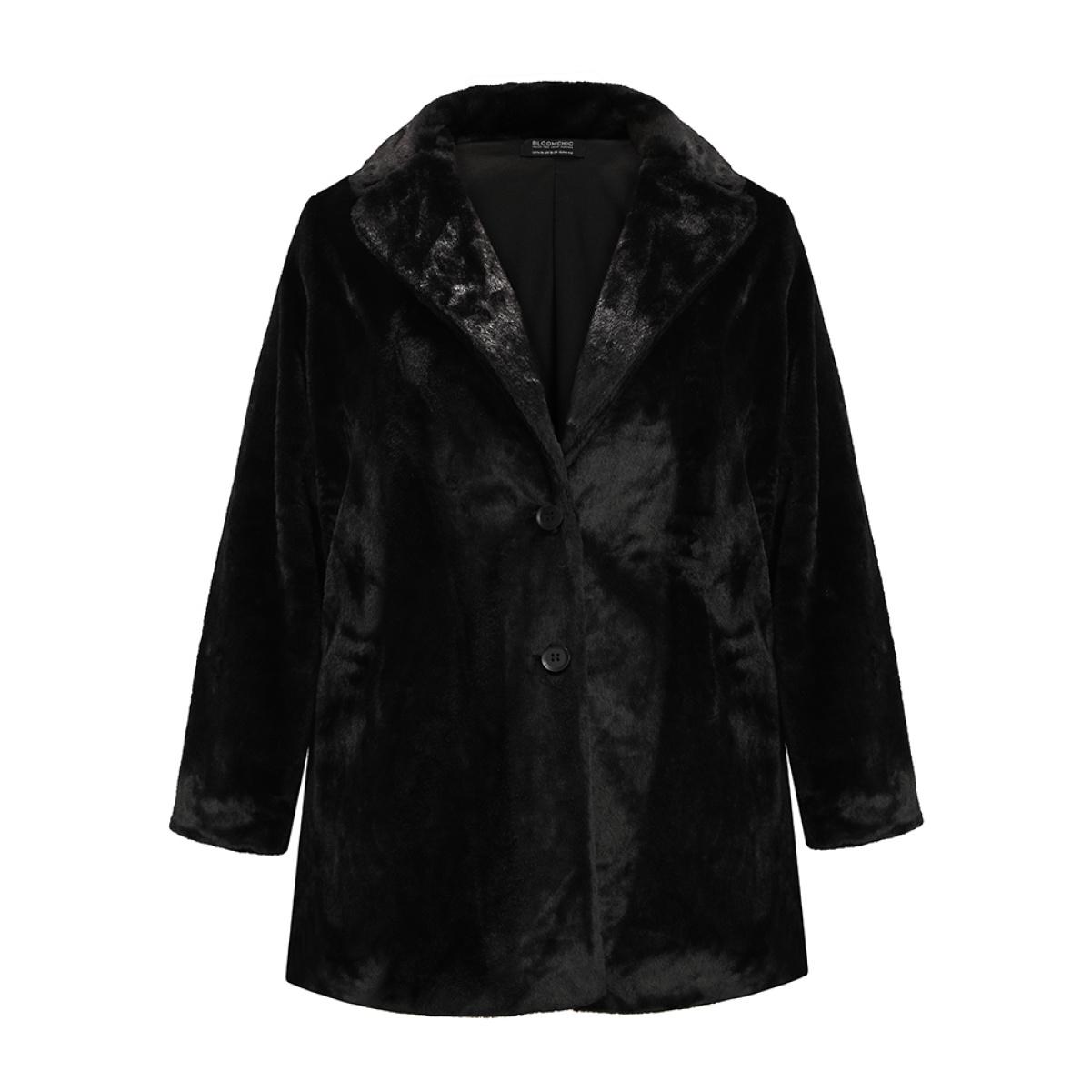 Plus Size Solid Pocket Faux Fur Button Front Coat Women Black Party Pocket Ladies Going out Winter Coats BloomChic 30/6X Product Image