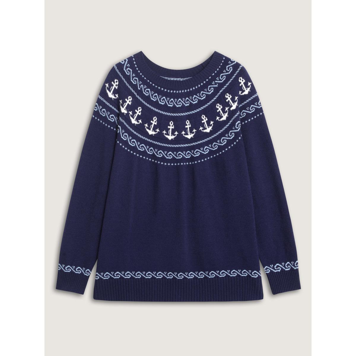 Plus Size Fair-Isle Nautical Elements Jacquard Pullover Indigo Women Leisure Loose Long Sleeve Round Neck Casual Pullovers BloomChic 28/5X Product Image