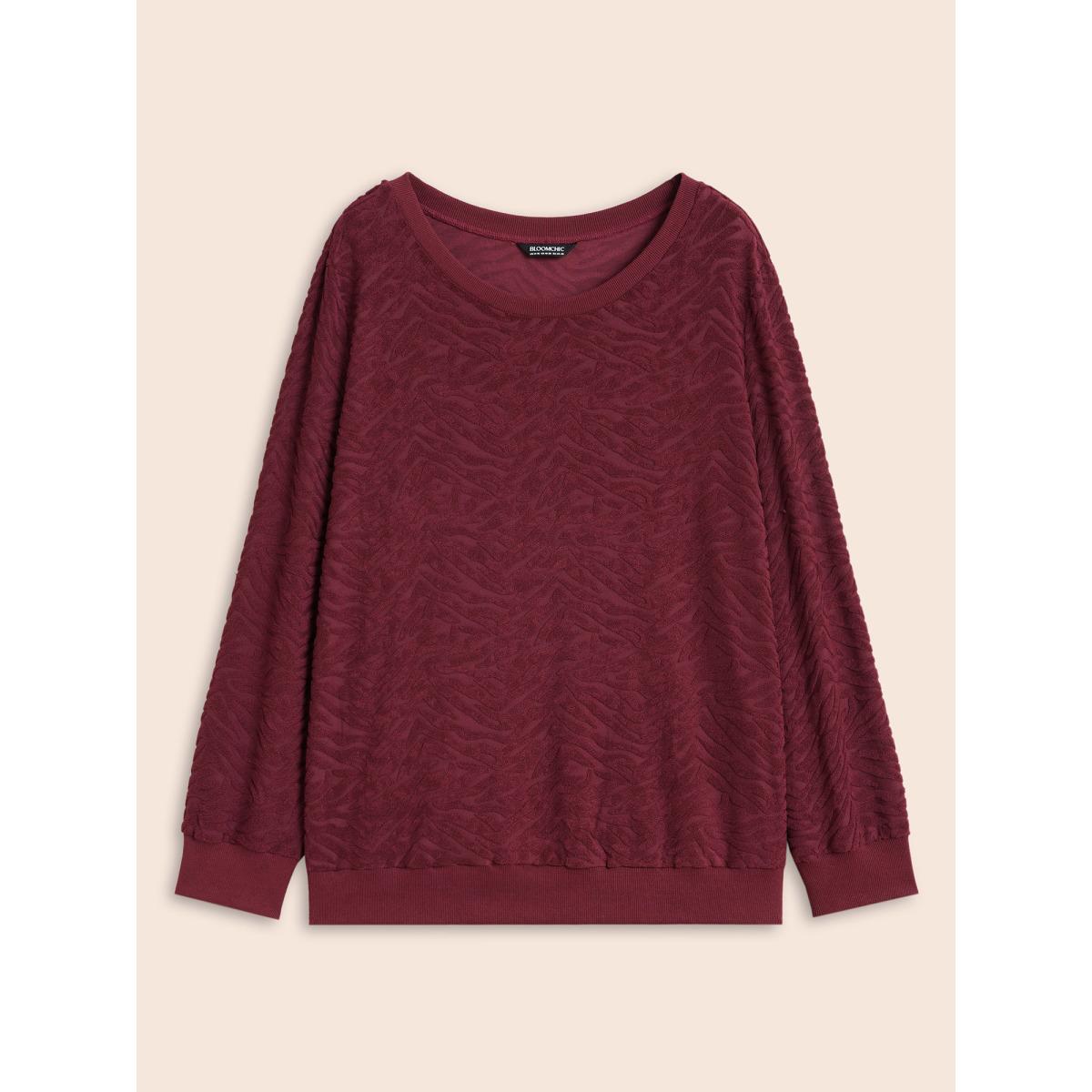 Plus Size Animal Print Textured Crew Neck Sweatshirt Women Burgundy Casual Patchwork Round Neck Everyday Sweatshirts BloomChic 22-24/3X Product Image