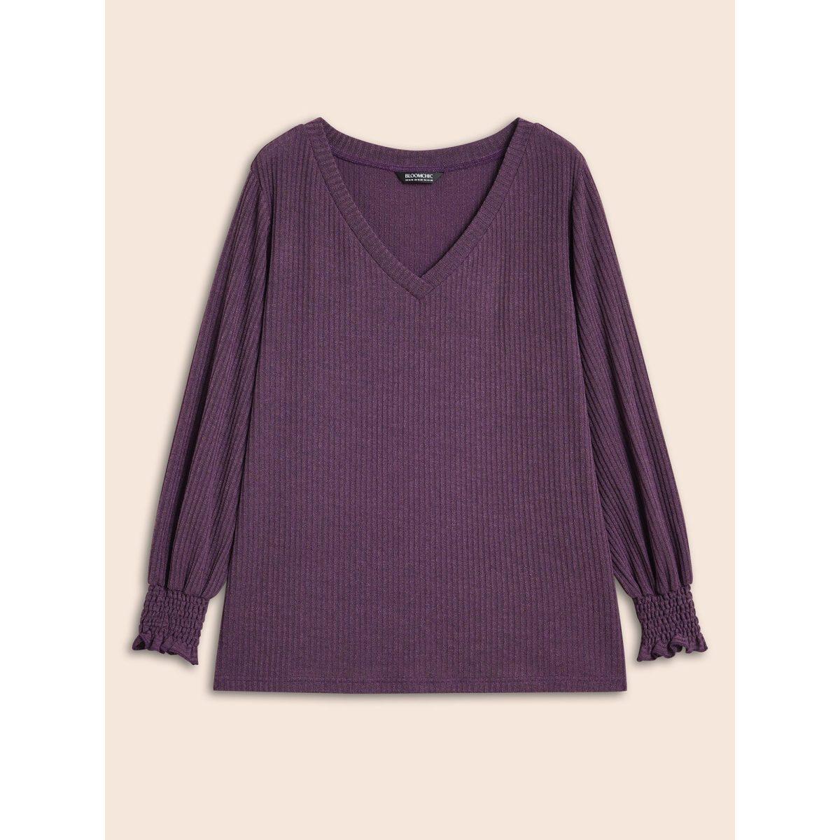 Plus Size Solid Rib Knit Lantern Sleeve Shirred T-shirt Mauve Women Casual Texture V-neck Everyday T-shirts BloomChic 18-20/2X Product Image