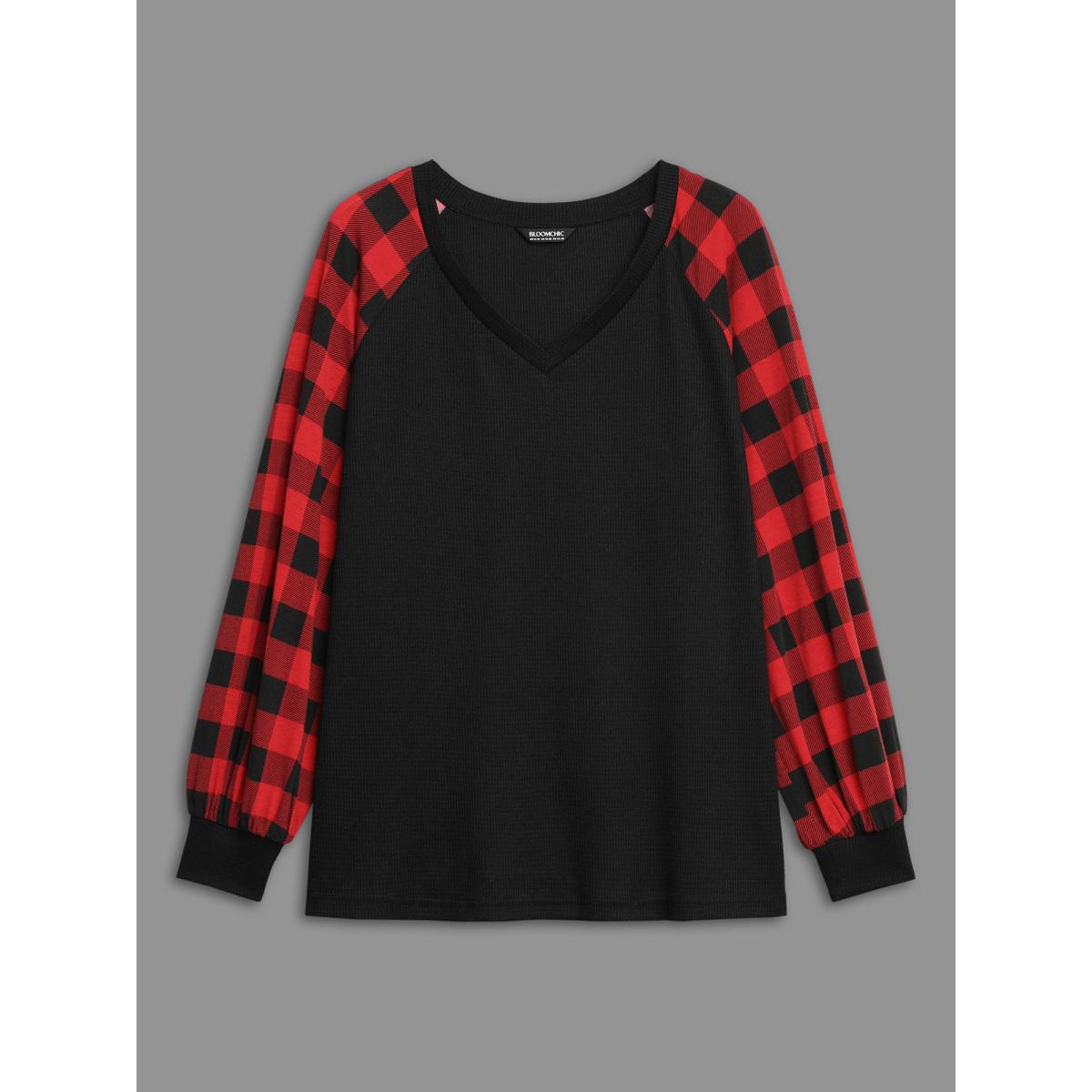 Plus Size V Neck Plaid Patchwork Contrast T-shirt Black Women Casual Contrast V-neck Everyday T-shirts BloomChic 30/6X Product Image