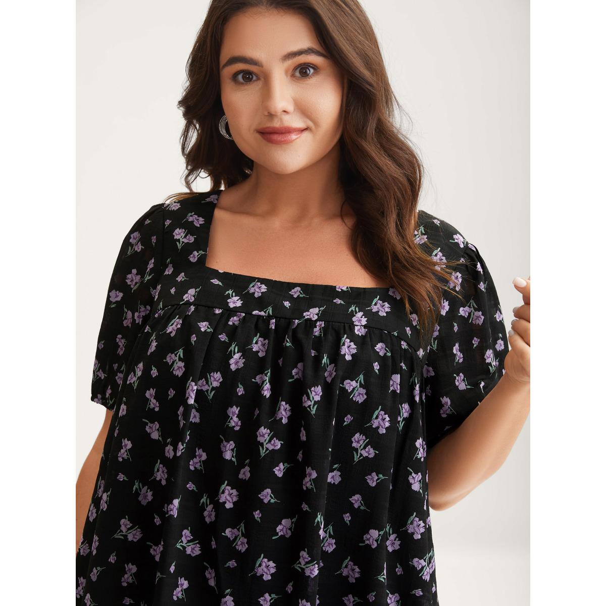 Plus Size Black Floral Fiesta Pleated Square Neck Blouse Women Short sleeve Square Neck Elegant Blouses BloomChic 12/L Product Image