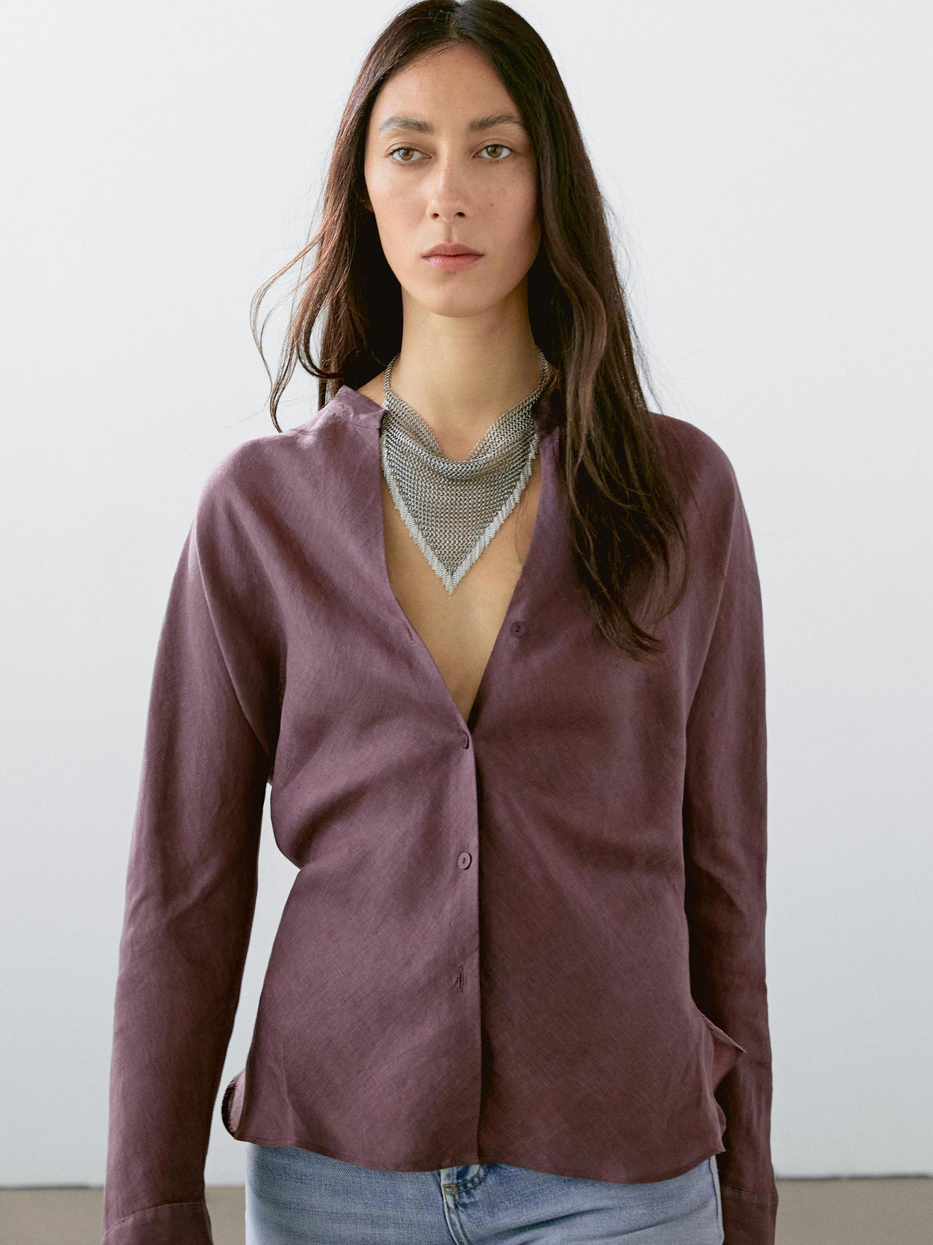 Flowing linen shirt with stand collar Product Image