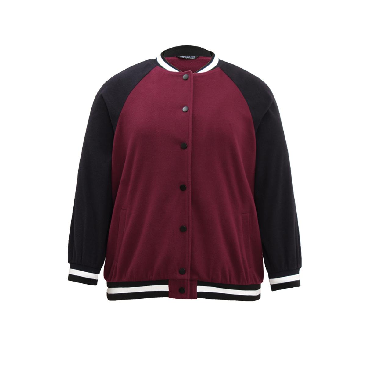 Plus Size Contrast Trim Pocket Button Fly Bomber Jacket Women Burgundy Contrast Pocket Dailywear Jackets BloomChic 18-20/2X Product Image