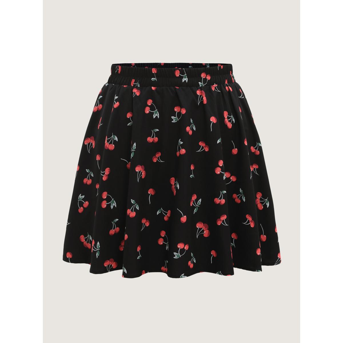 Plus Size Cherry-licious Pleated Midi Skirt Women BlackFlower Leisure Loose Low stretch Side seam pocket Casual Skirts BloomChic 10/M Product Image