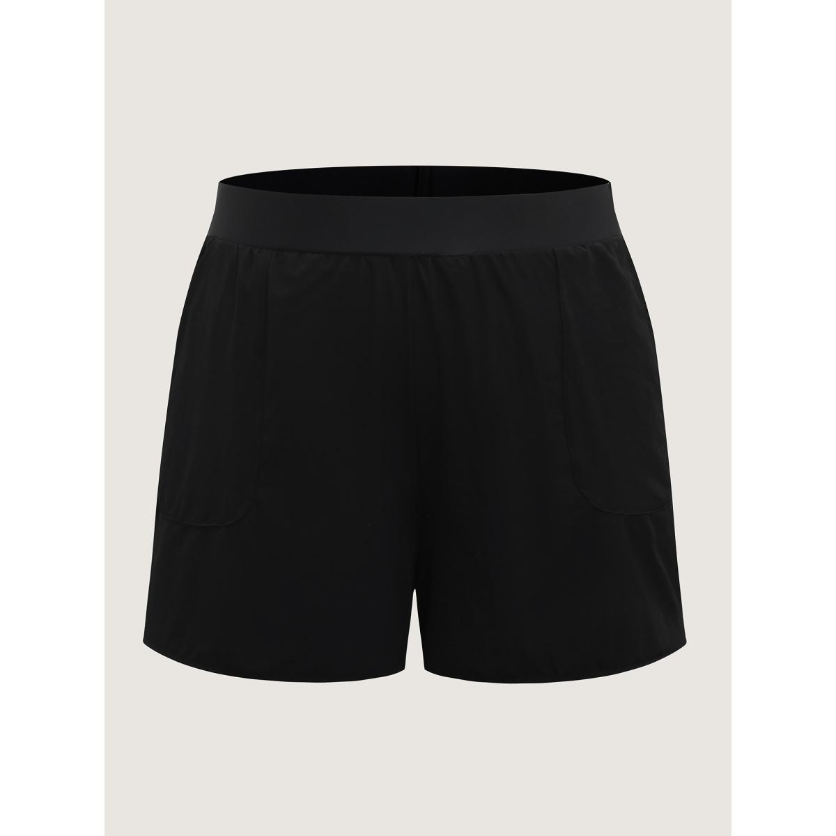 Plus Size Pleated Pockets Solid Swim Bottoms Women's Swimwear Black Resort High stretch Bodycon High Rise Patch pocket Curve Swim Bottoms BloomChic 12/L Product Image