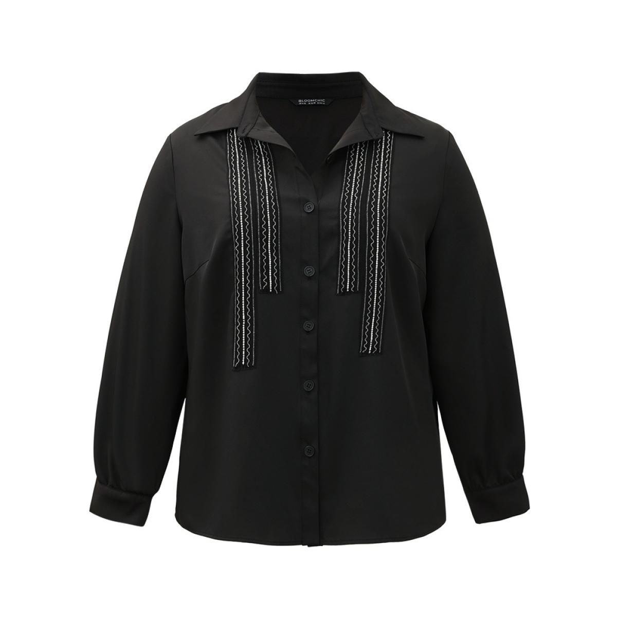 Plus Size Black Twill Rhinestone Contrast Webbing Button Through Blouse Women Glamour Long Sleeve Shirt collar Going out Blouses BloomChic 12/L Product Image
