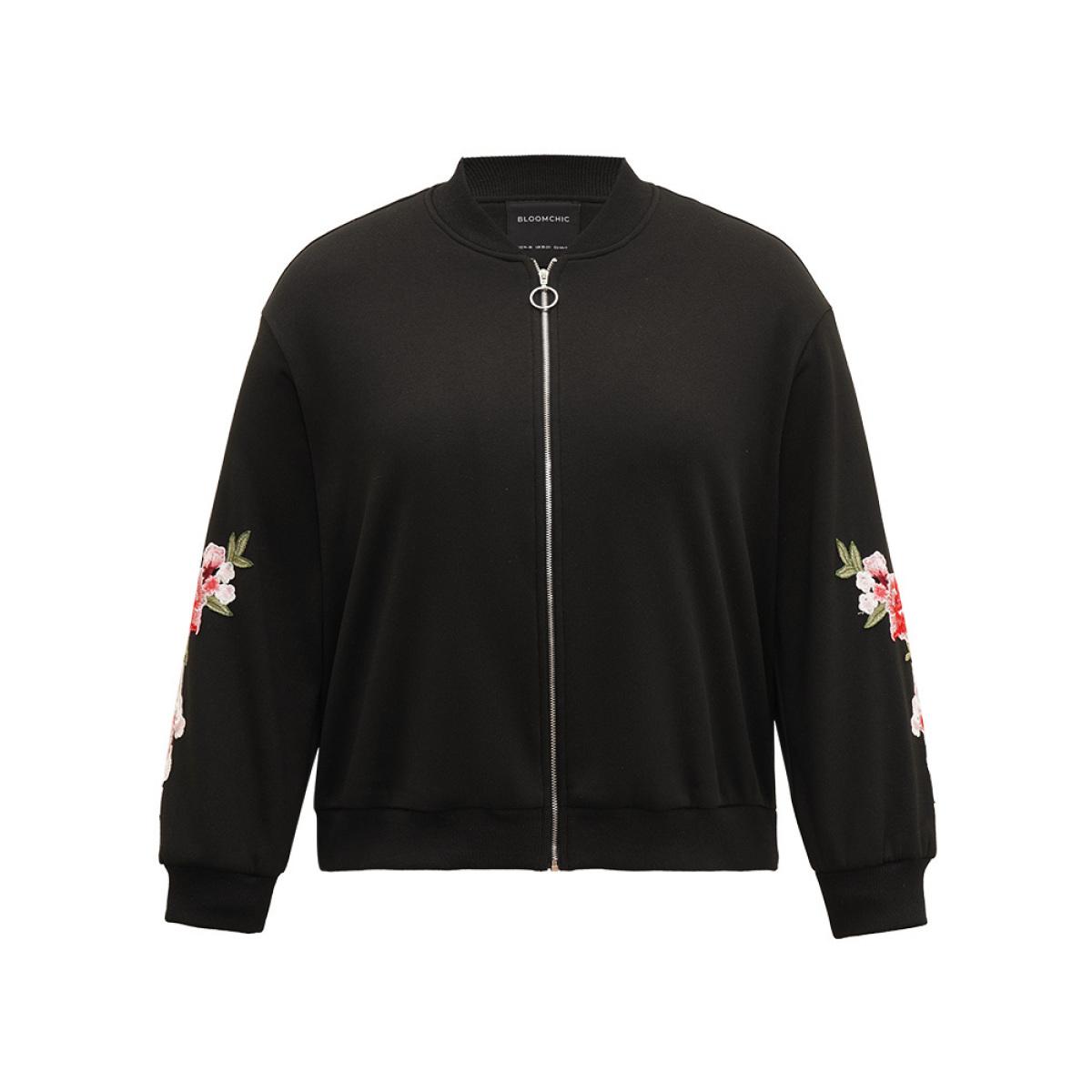 Plus Size Floral Embroidered O Ring Zipper Jacket Women Black Elastic cuffs Everyday Jackets BloomChic 26/4X Product Image